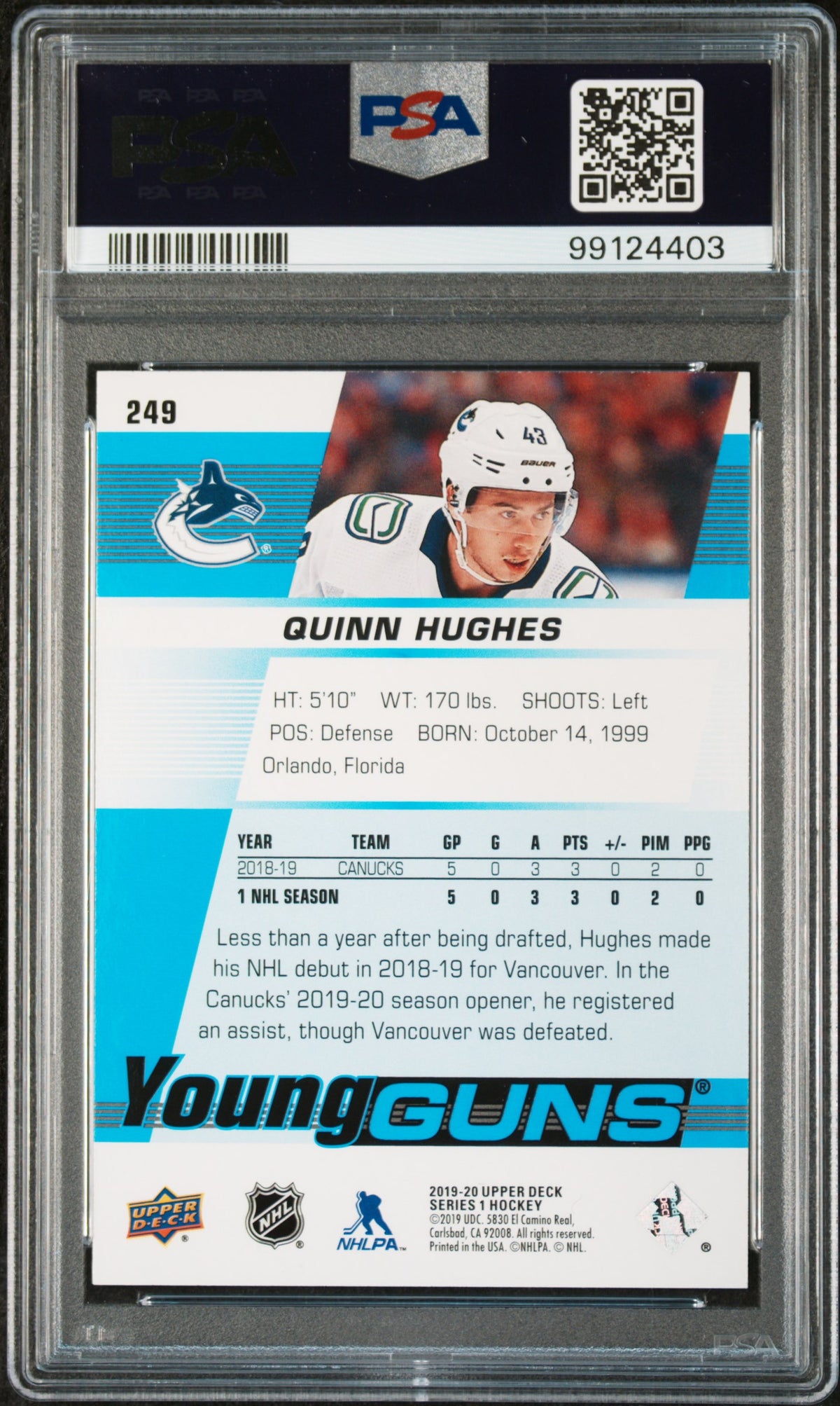 2019 Upper Deck Quinn Hughes PSA 9