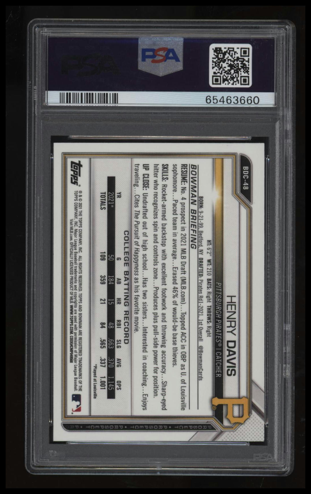 2021 Bowman Draft Henry Davis Chrome PSA 9