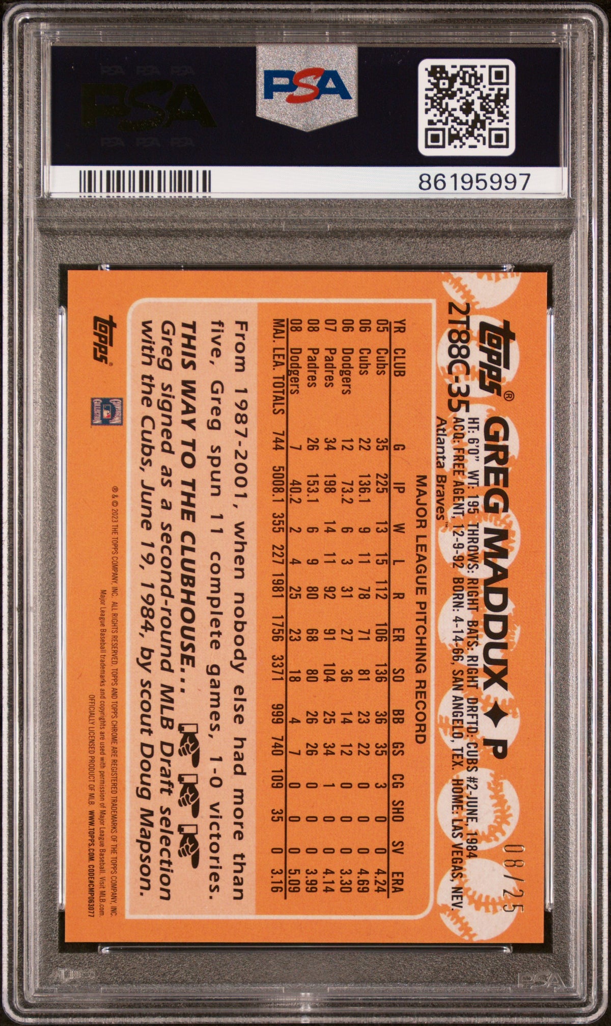 2023 Topps Silver Pack 1988 Chrome Promo Greg Maddux Orange Refractor PSA 9