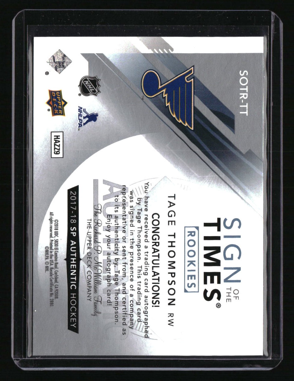 2017-18 SP Authentic Tage Thompson Sign of the Times Rookies #/99