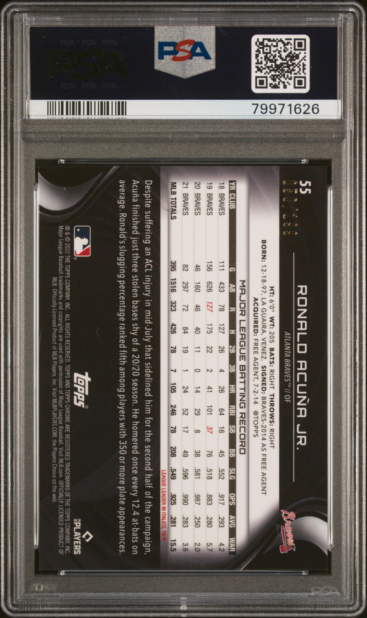 2022 Topps Chrome Black #55 Ronald Acuna Jr. Refractor PSA 10