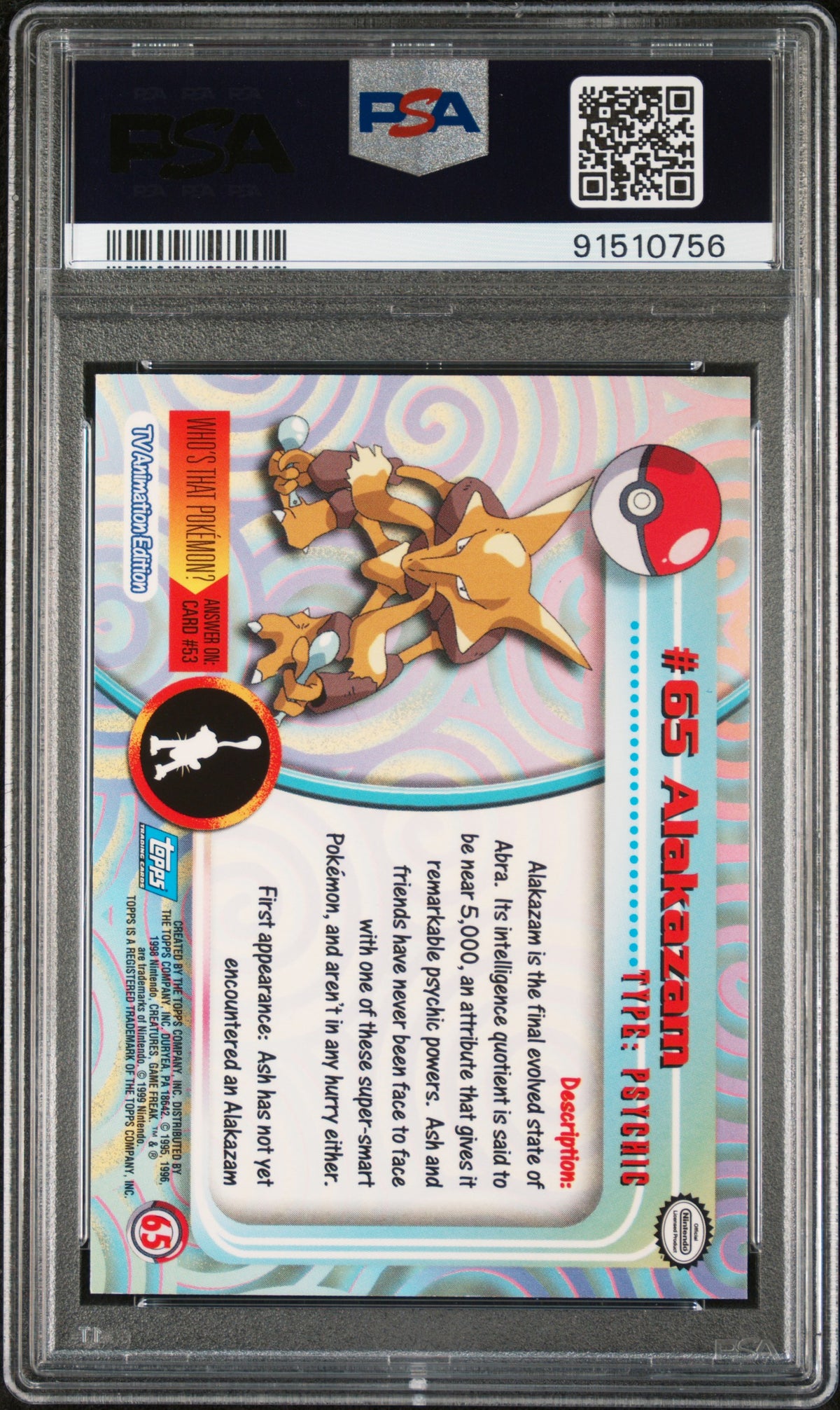 1999 Topps Pokemon Tv Alakazam Rainbow Foil PSA 9