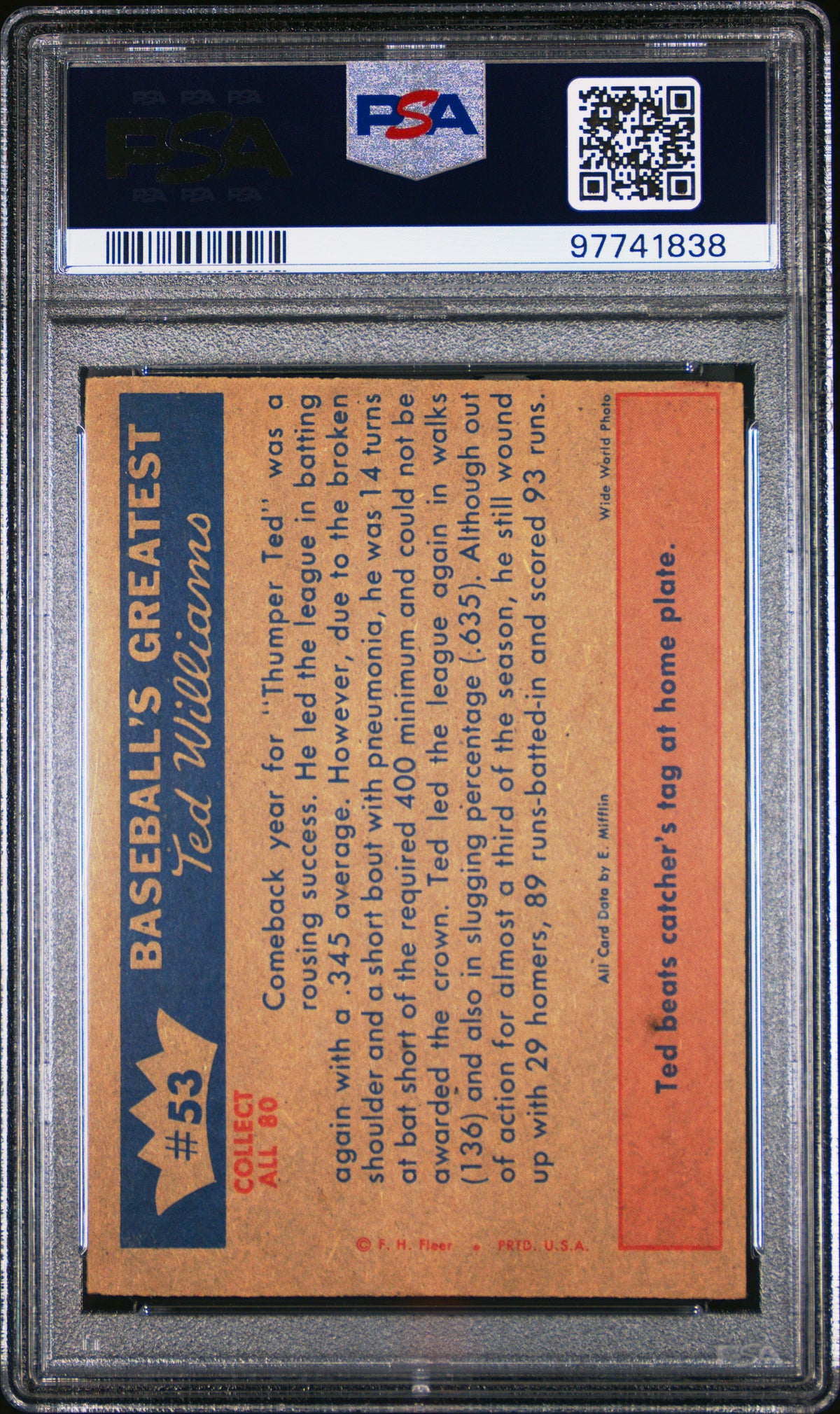 1959 Fleer Ted Williams 1954-Ted&#39;S Comeback Is A Success PSA 6