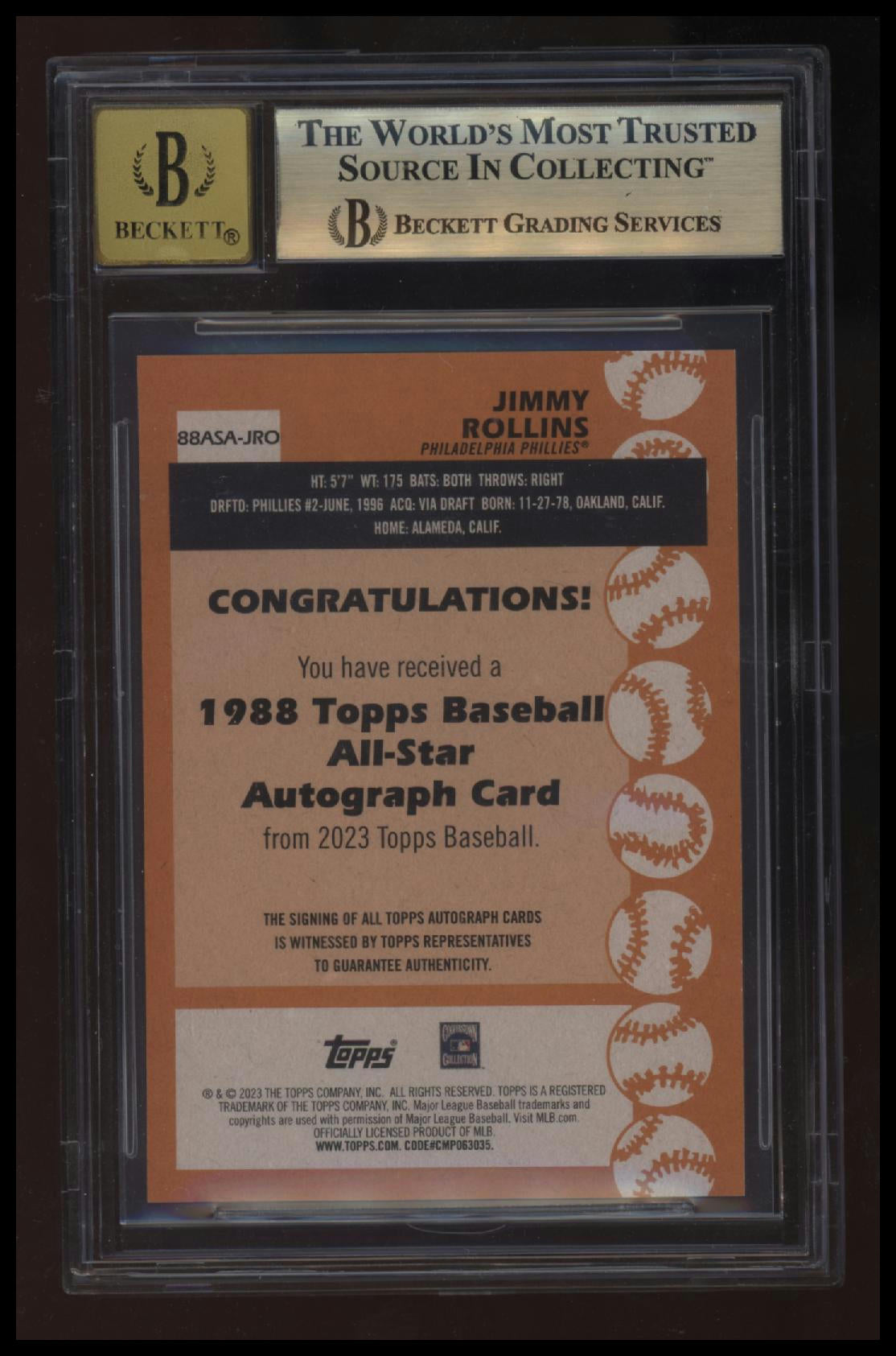 2023 Topps Update &#39;88 Topps Baseball All-Star Autographs Jimmy Rollins BGS 9.5