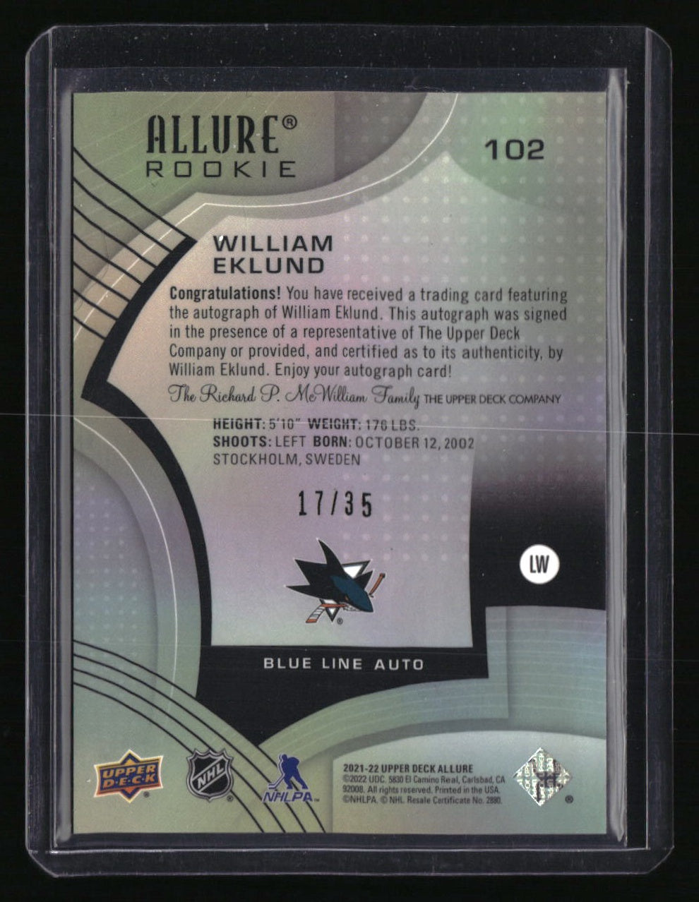 2021-22 Upper Deck Allure William Eklund Autographs Blue Line #/35