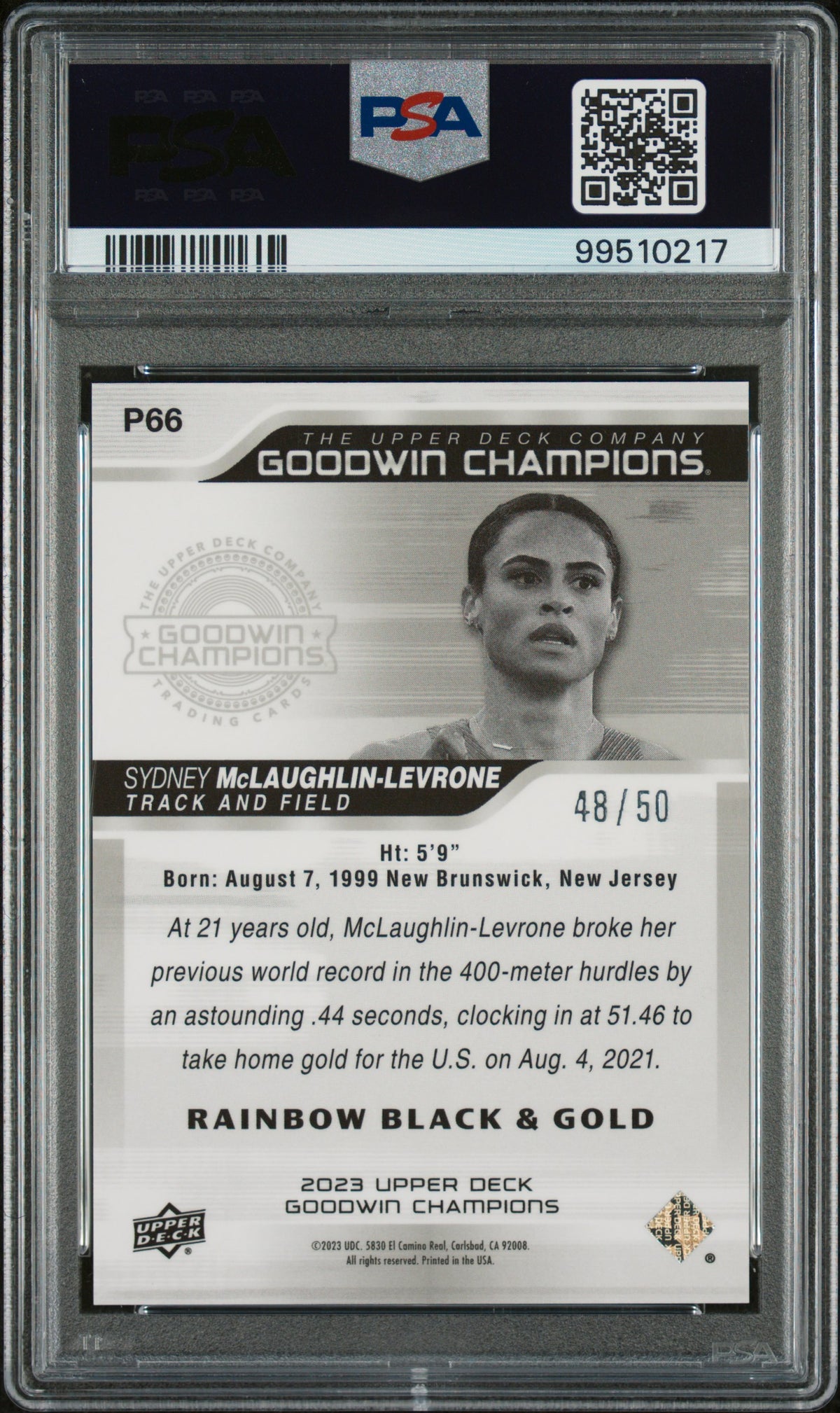 2023 Upper Deck Goodwin Champions Mclaughlin-Levrone Black/Gold Rainbow PSA 10