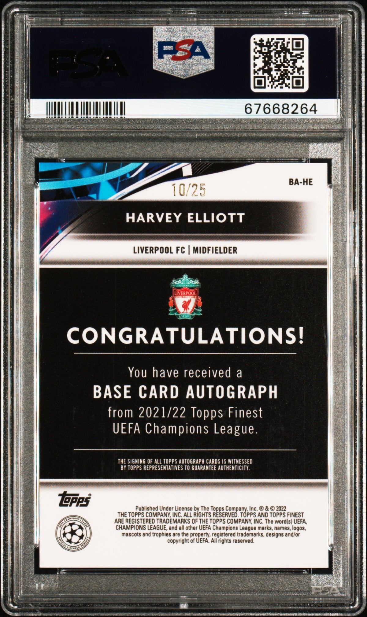 2021-2022 Topps Finest Uefa Harvey Elliott Auto-Orange Wave Ref. PSA 10