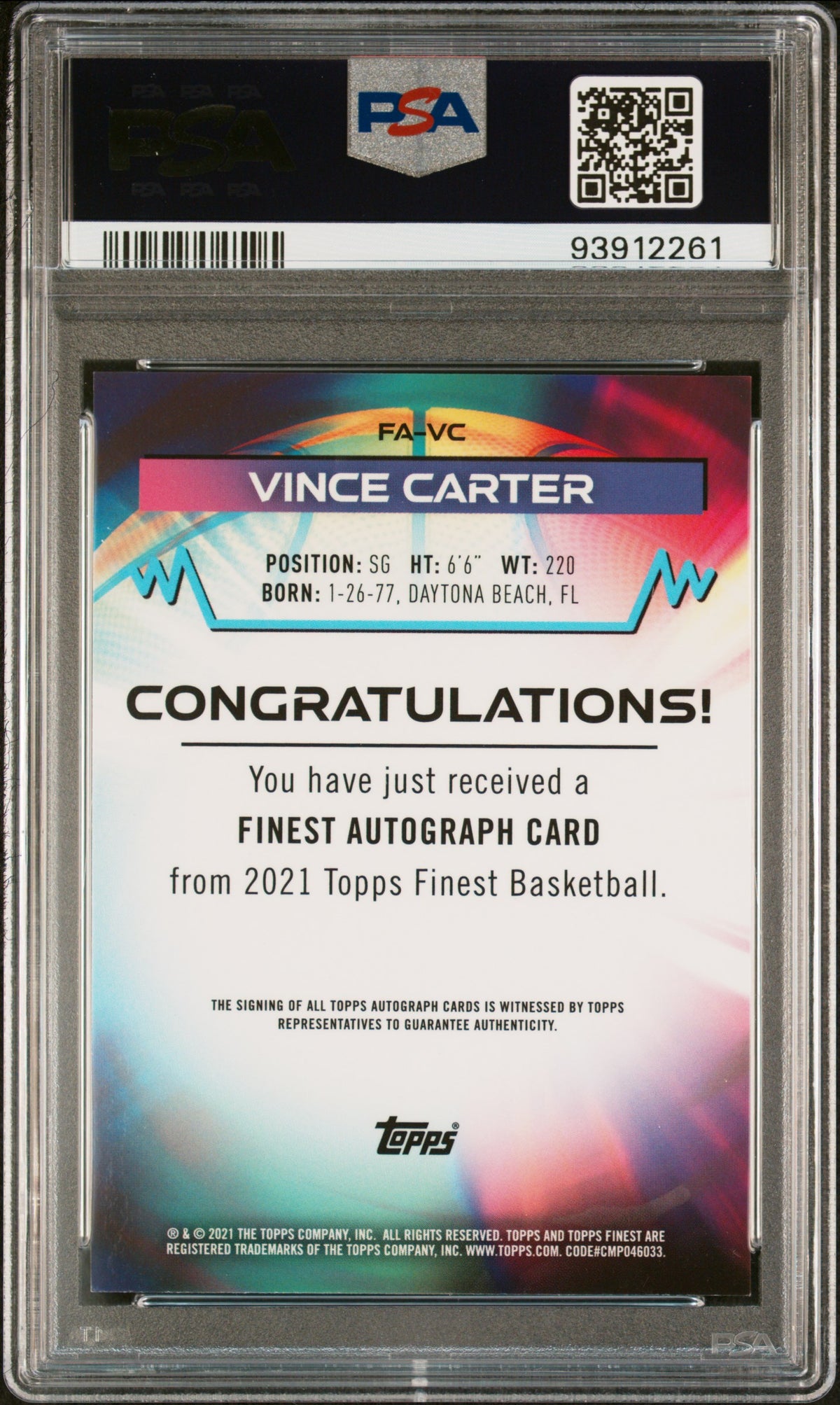 2021 Topps Finest Finest Autographs Vince Carter Finest Auto-Gold Ref. PSA 10