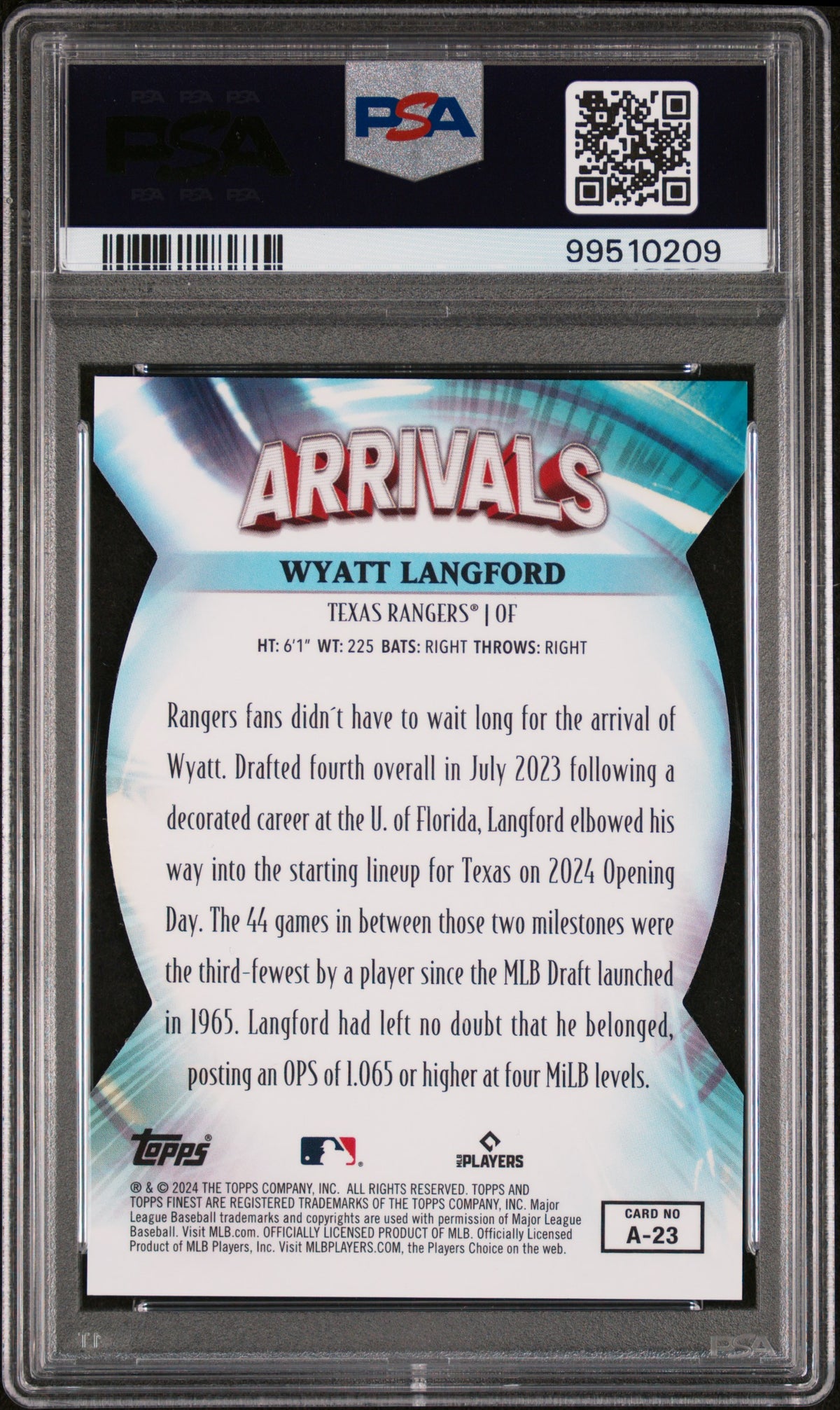 2024 Topps Finest Arrivals Wyatt Langford Arrivals-Black Refractor PSA 10