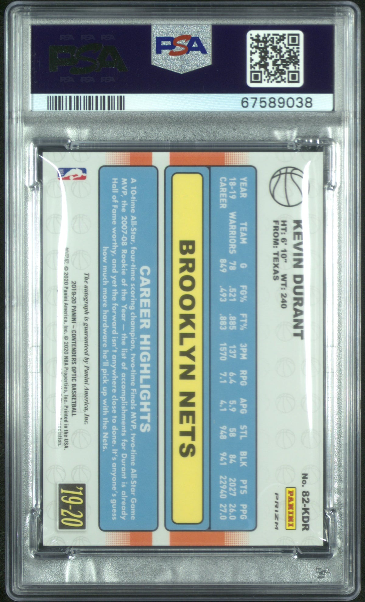 2019 Panini Contenders Optic Kevin Durant 1982 Tribute Autographs PSA 9