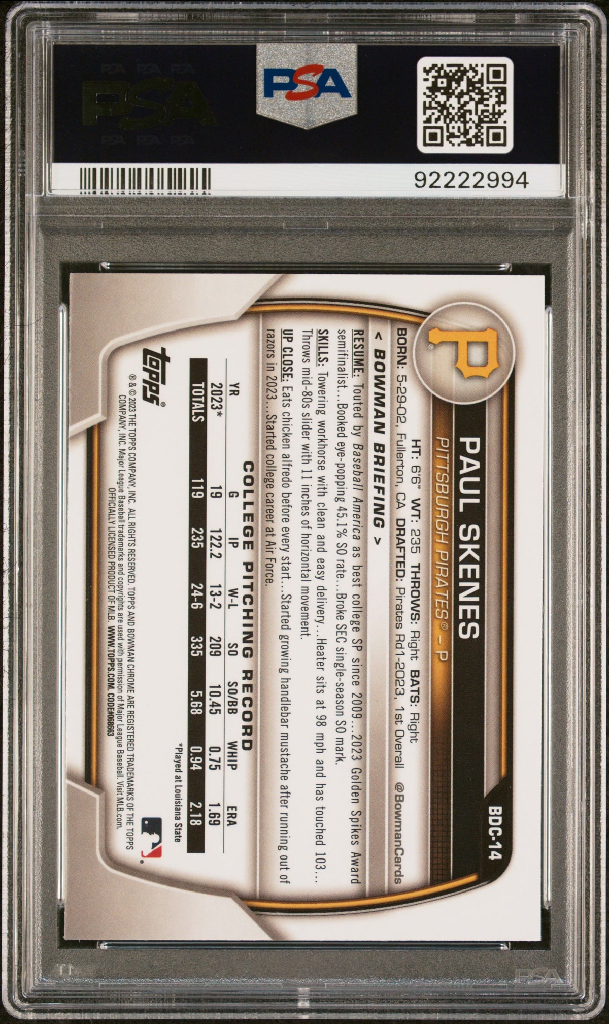 2023 Bowman Draft Paul Skenes Chrome PSA 10