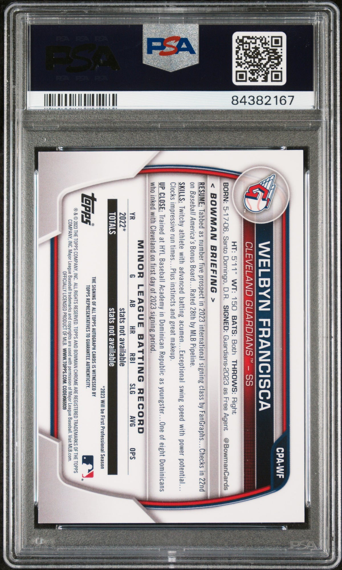 2023 Bowman Chrome Welbyn Francisca Prospect Autograph-Purple PSA 9