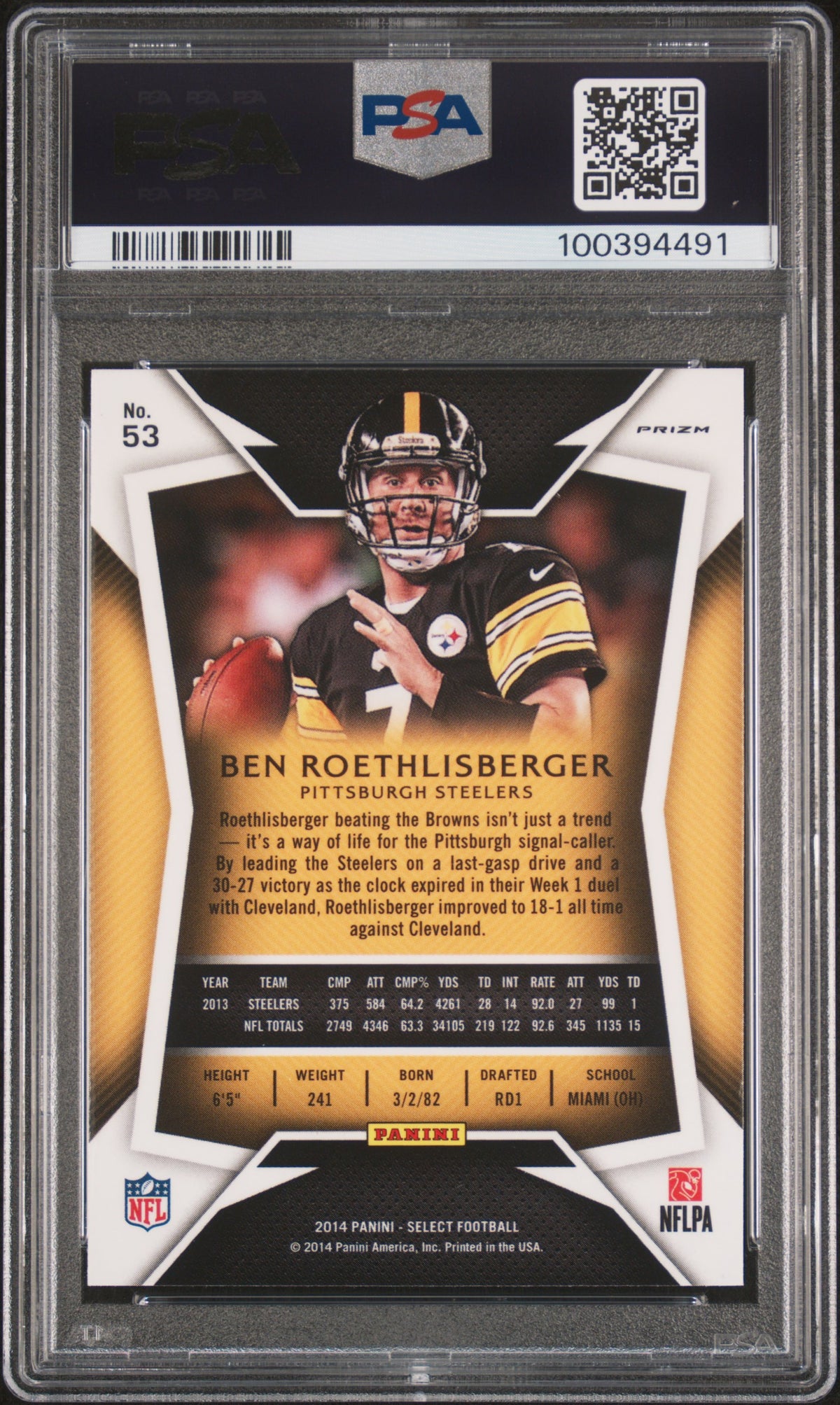 2014 Panini Select Ben Roethlisberger Prizm PSA 9