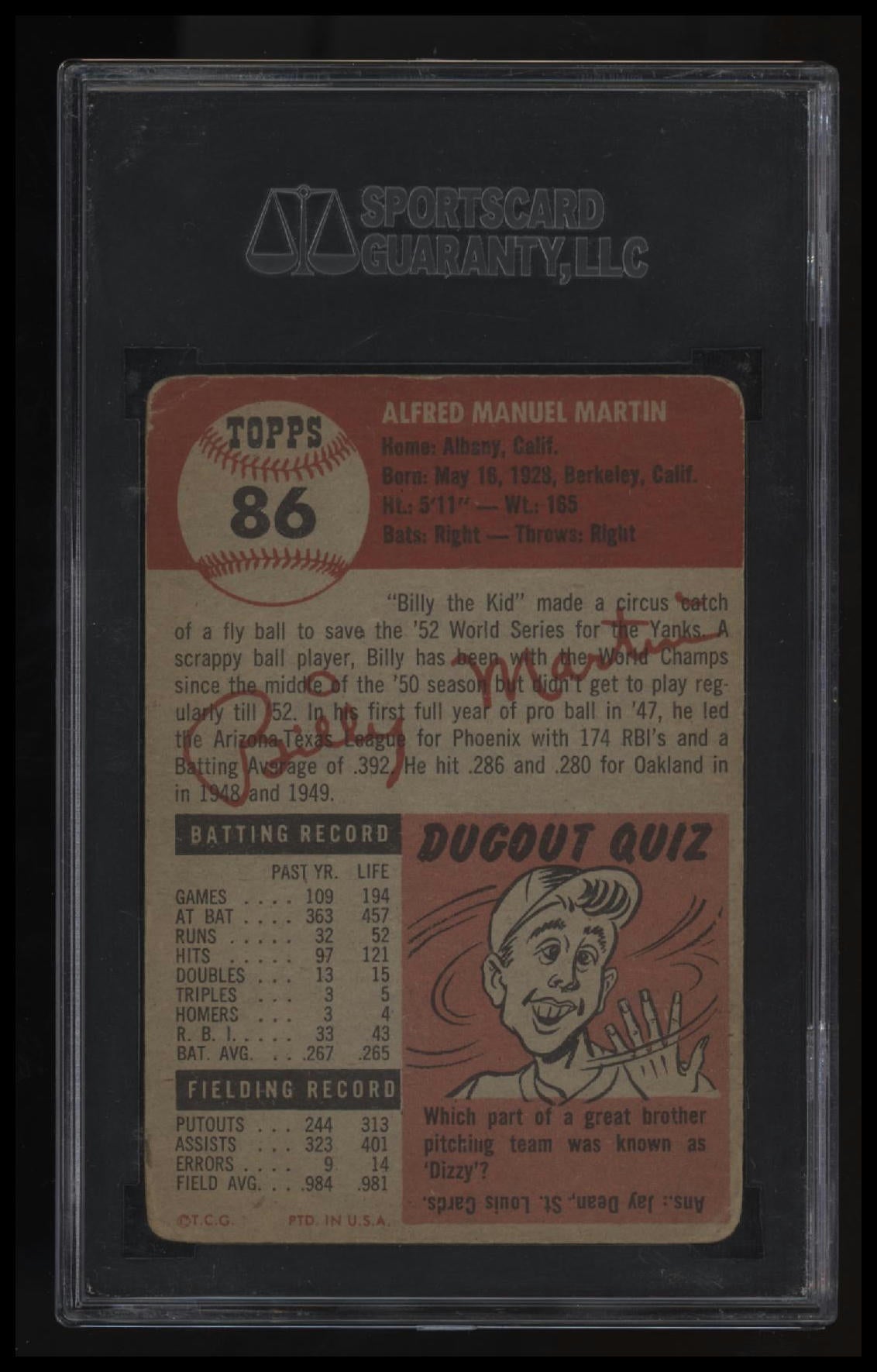 1953 Topps Billy Martin Bio uses black text SGC 2.5