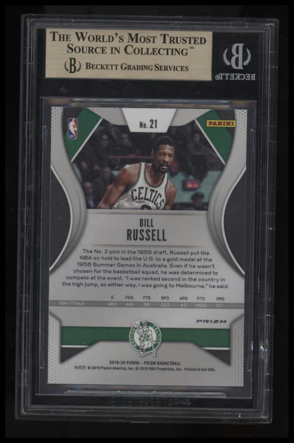 2019-20 Panini Prizm Prizms Choice Tiger Stripe Bill Russell BGS 9.5