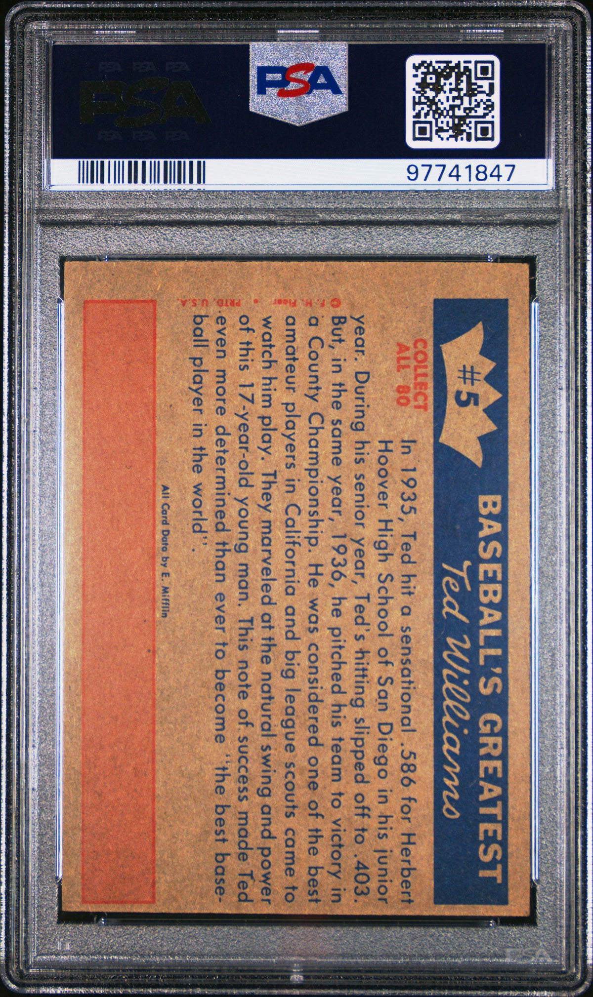 1959 Fleer Ted Williams Ted&#39;S Fame Spreads- 1935-36 PSA 5