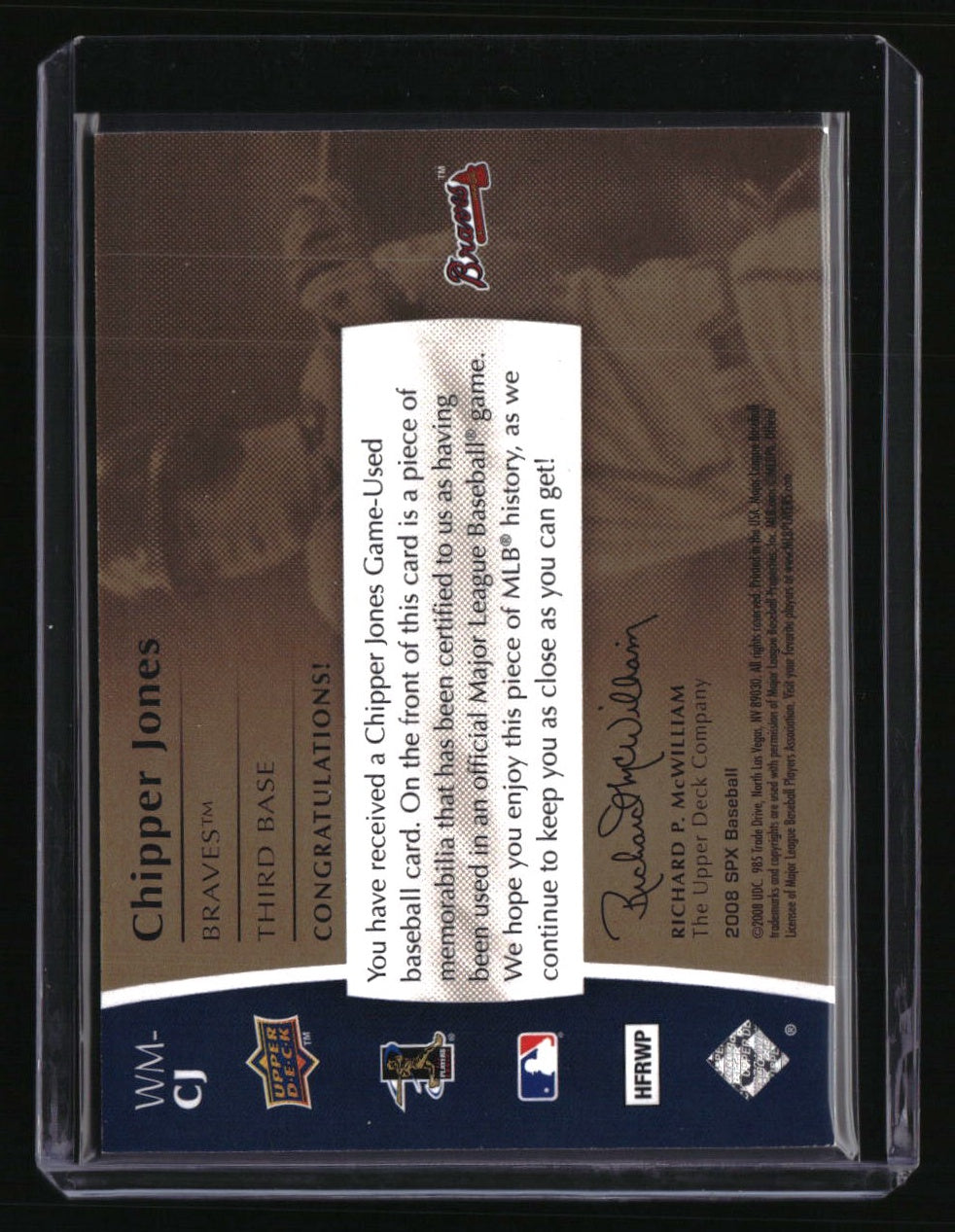 2008 SPx Chipper Jones Winning Materials Triple Team Initials 10 #/35