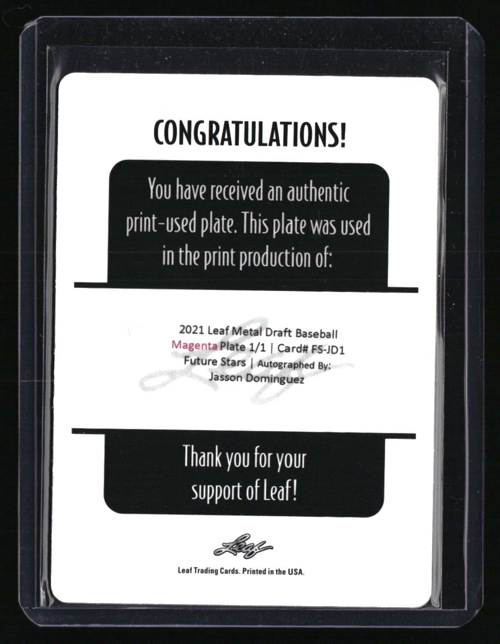 2021 Leaf Metal Draft Magenta Printing Plate 1/1 Jasson Dominguez Auto