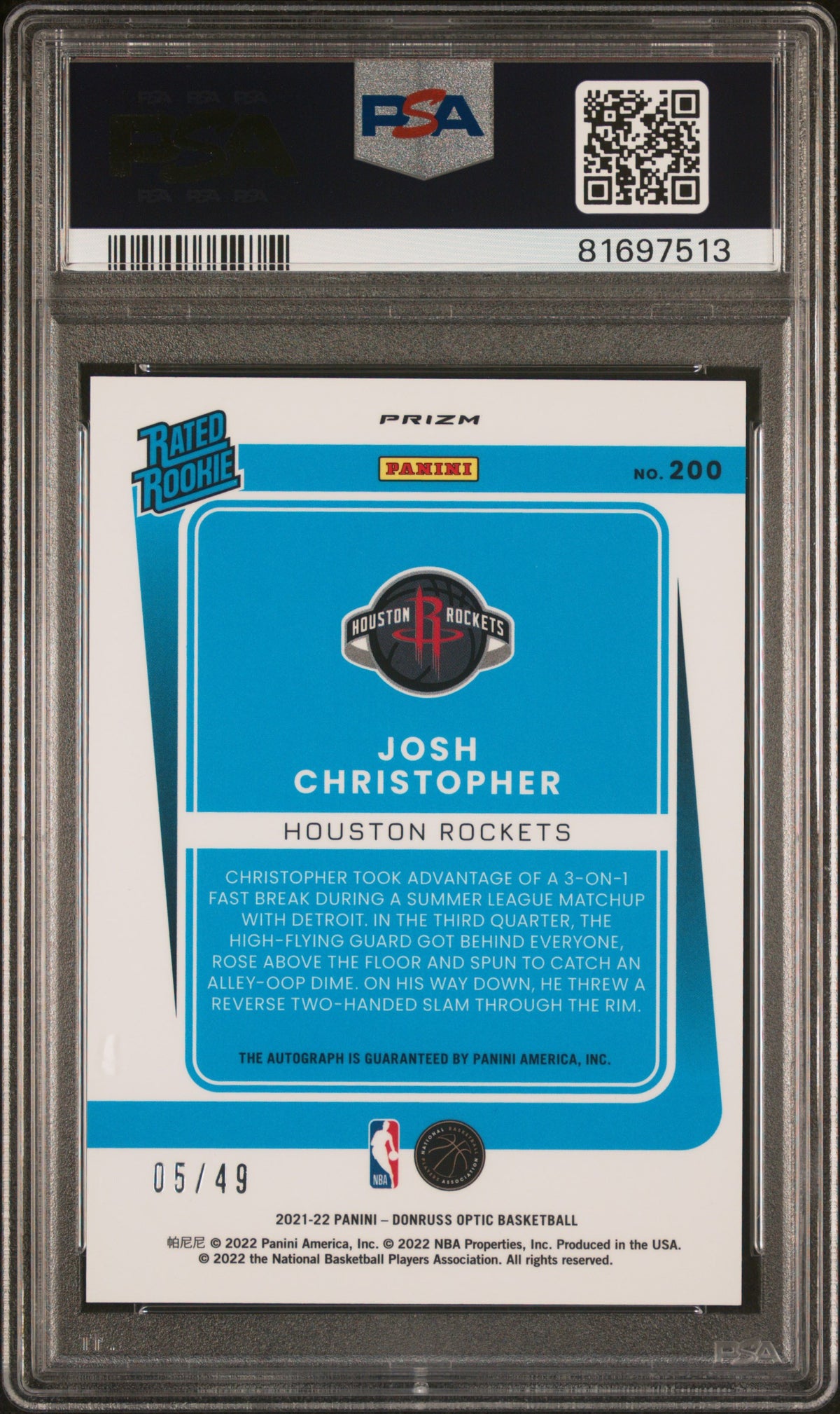 2021 Panini Donruss Optic #200 Josh Christopher Autograph-Blue PSA 9