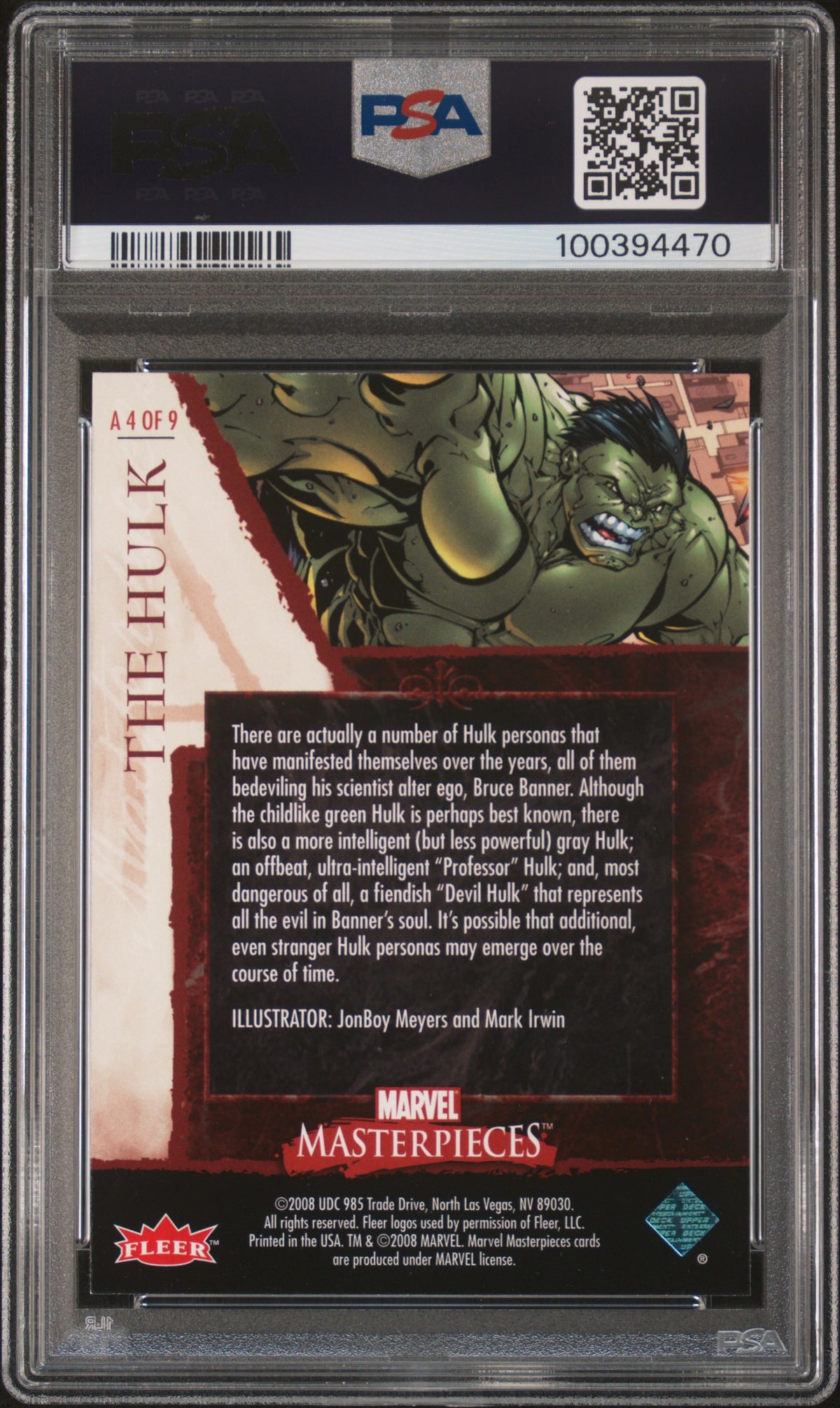 2008 Marvel Masterpieces Avengers The Hulk Avengers PSA 9