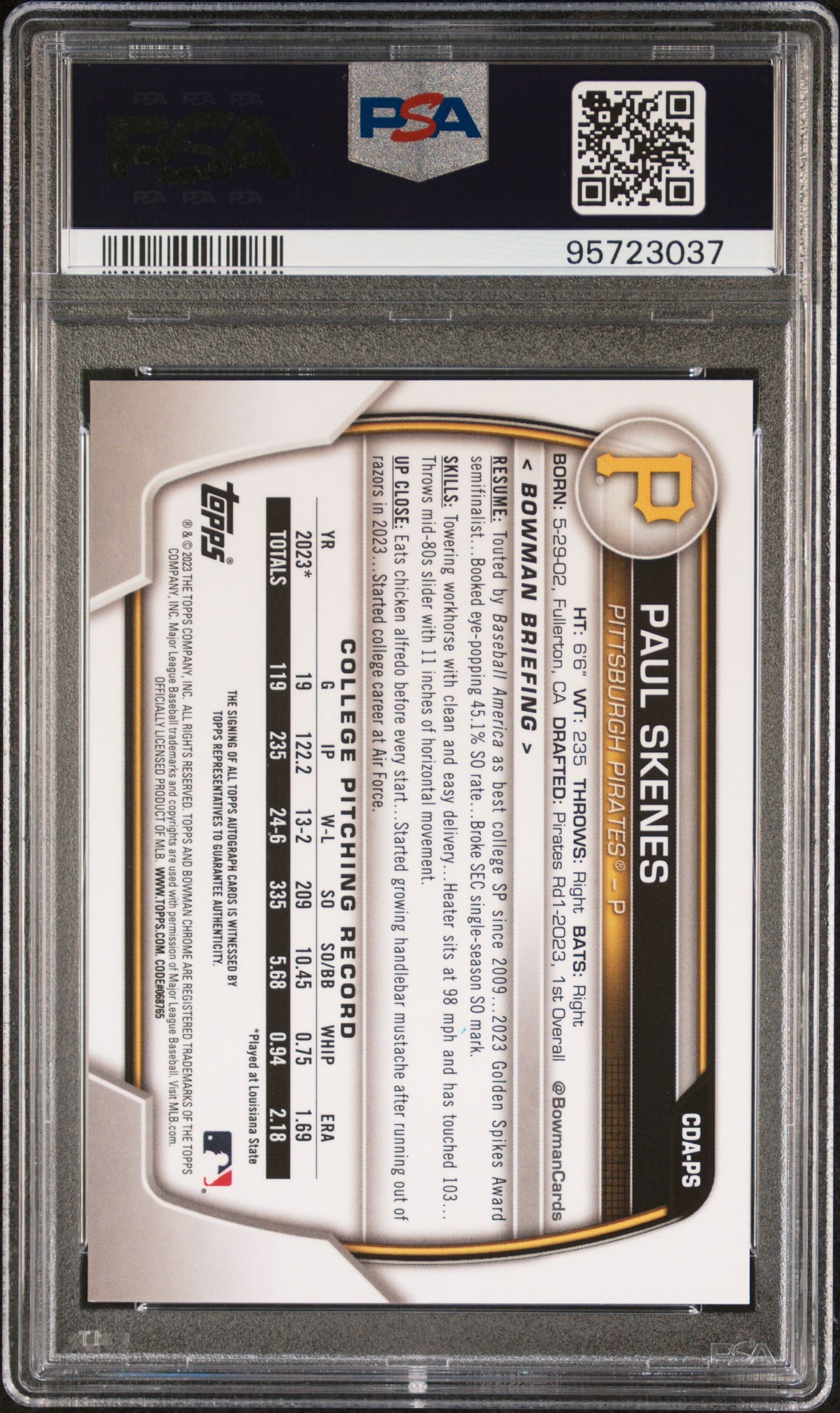 2023 Bowman Draft Chrome Prospect Autograph Paul Skenes PSA 10