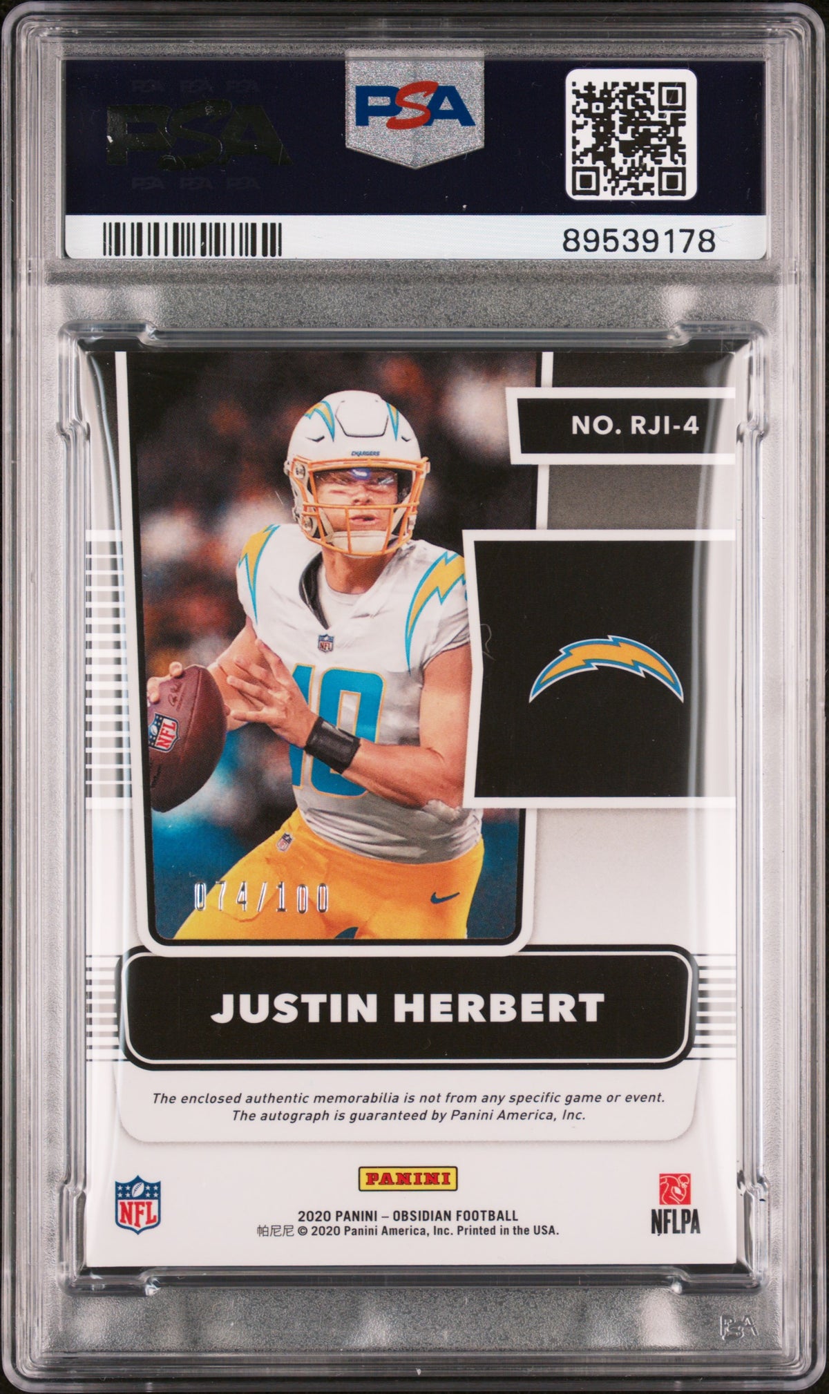 2020 Panini Obsidian Rookie Jersey Ink #RJI4 Justin Herbert PSA 9