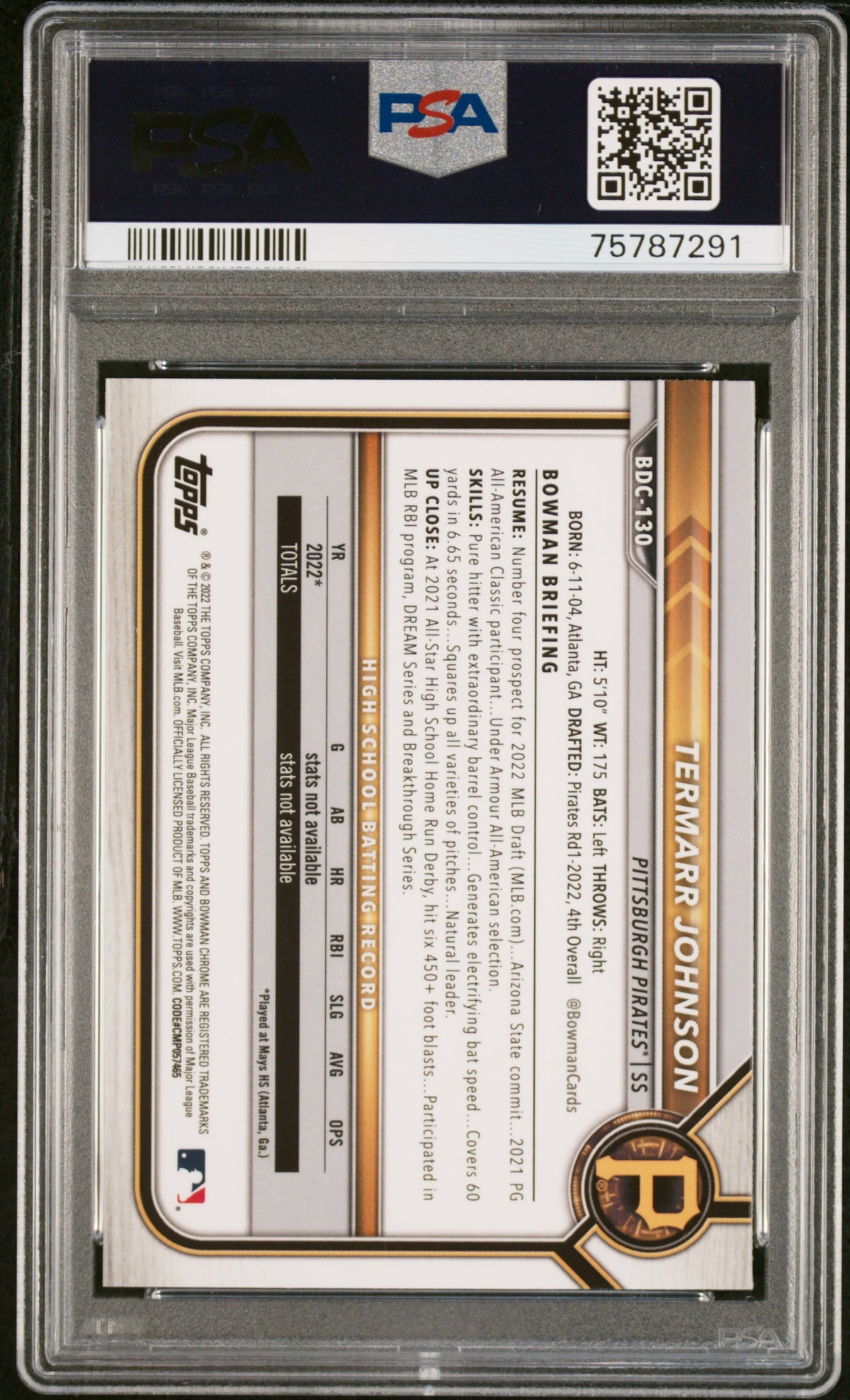 2022 Bowman Draft Chrome Sapphire Edition #BDC130 Termarr Johnson PSA 10