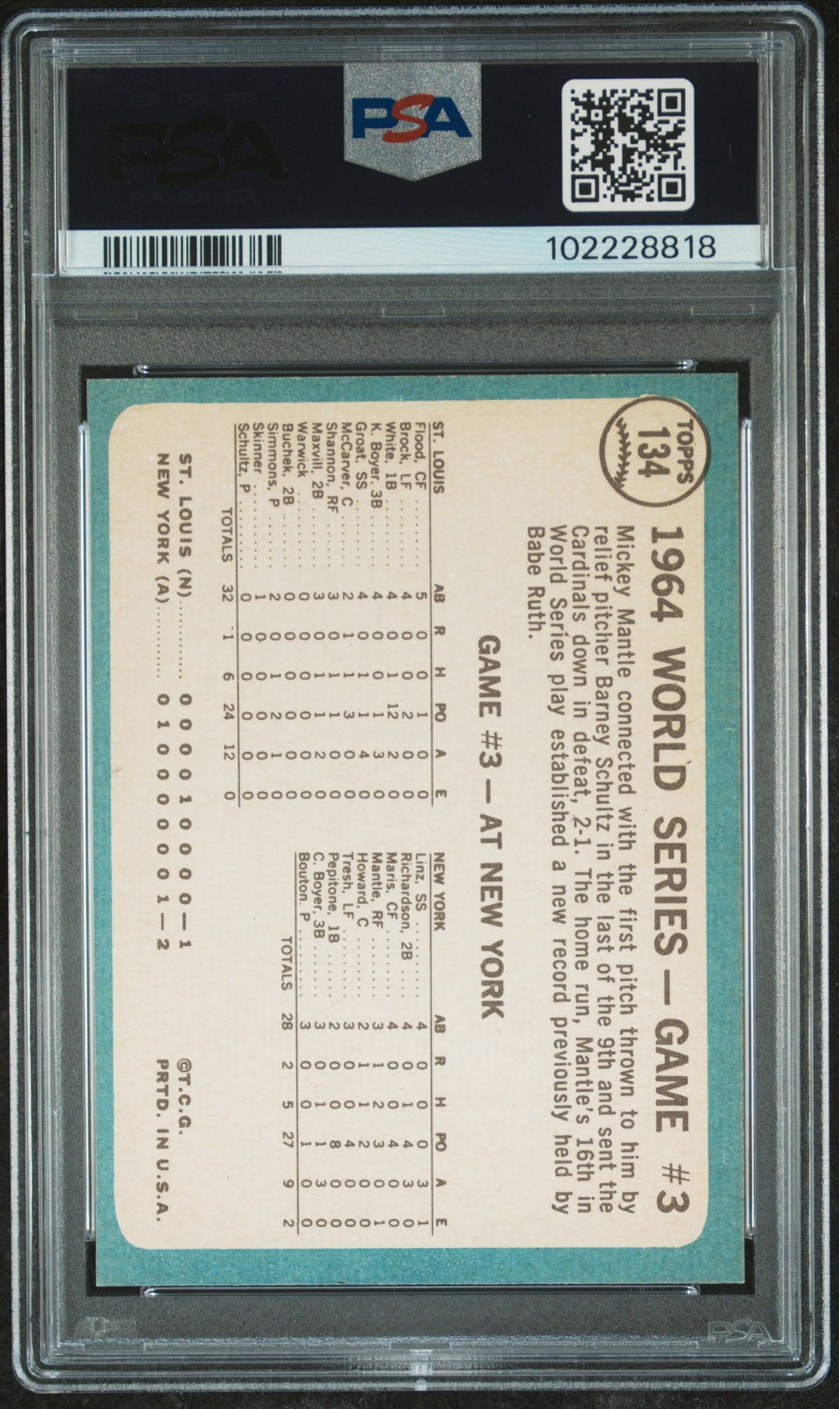 1965 Topps World Series Game 3 Mantle&#39;S Clutch Hr PSA 7