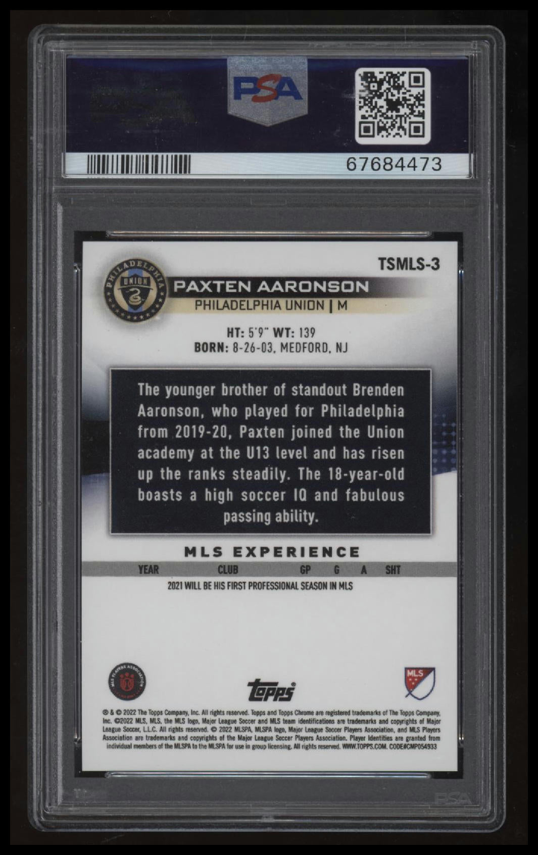 2022 Topps Industry Conference Mls Paxten Aaronson Mls PSA 10