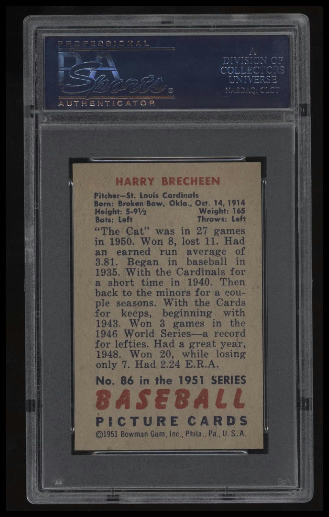 1951 Bowman #86 Harry Brecheen PSA 8