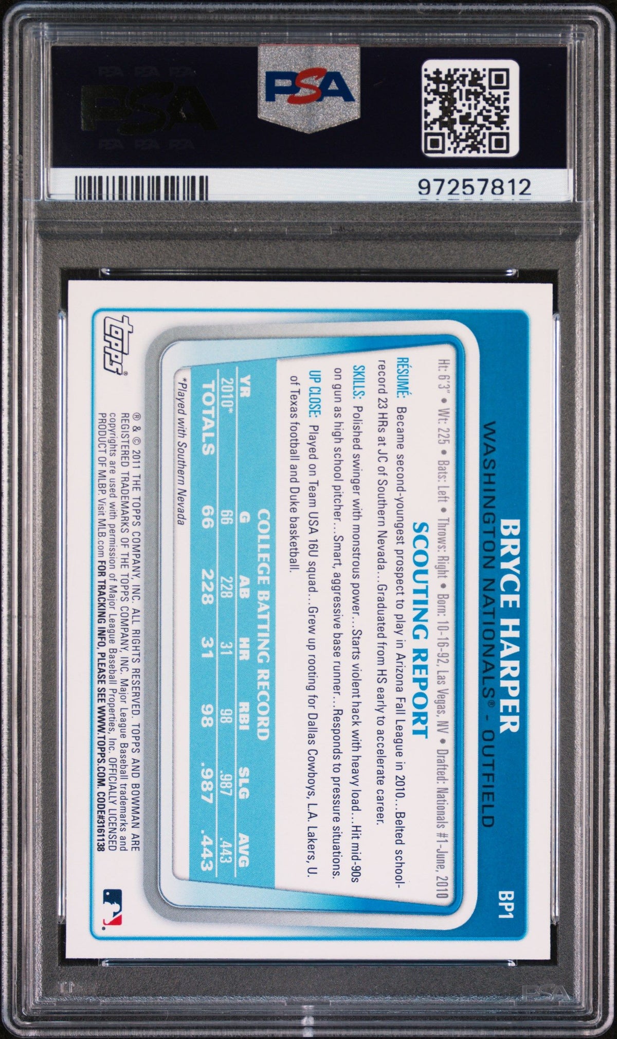 2011 Bowman Prospects Bryce Harper PSA 10