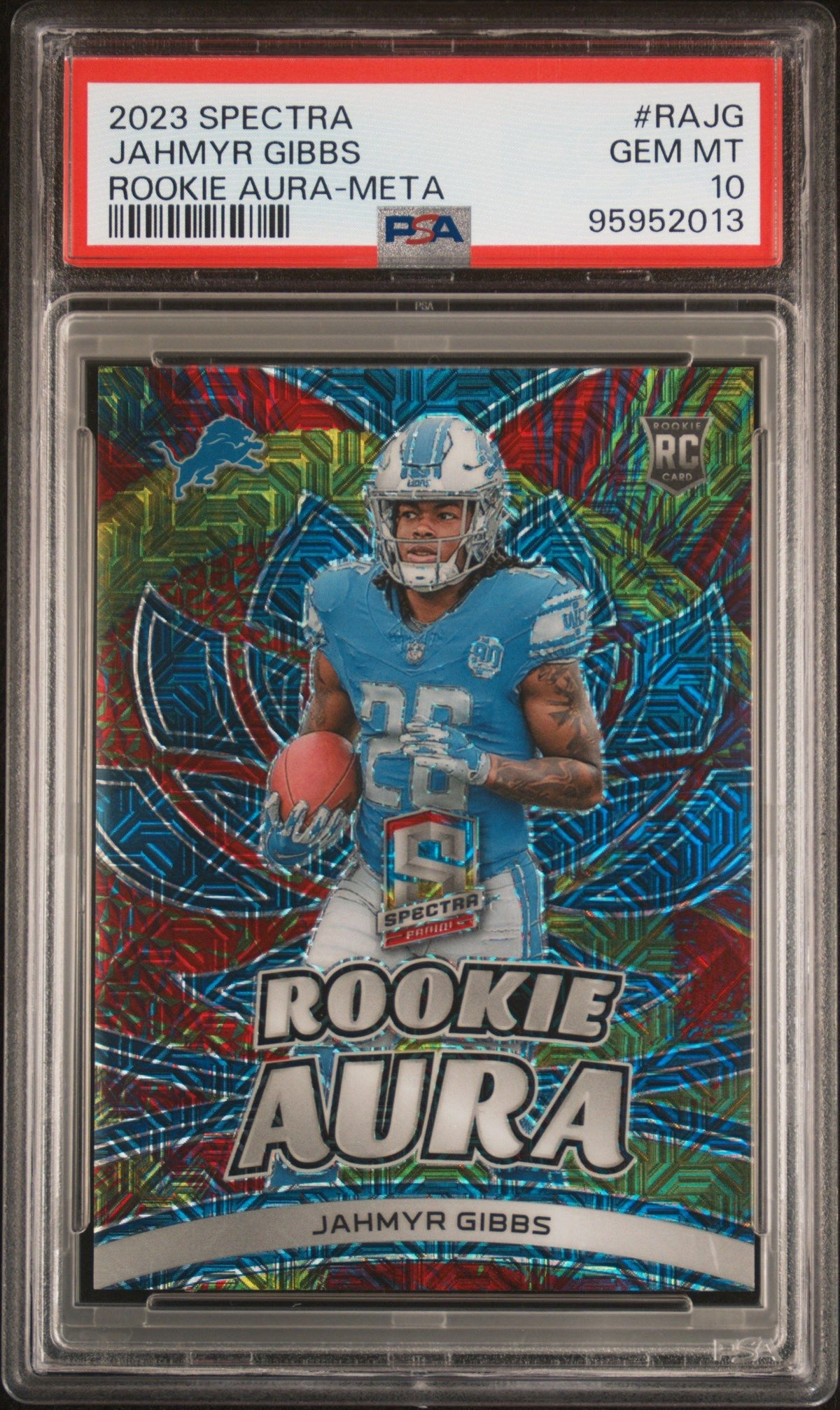 2023 Panini Spectra Rookie Aura Jahmyr Gibbs Rookie Aura-Meta PSA 10