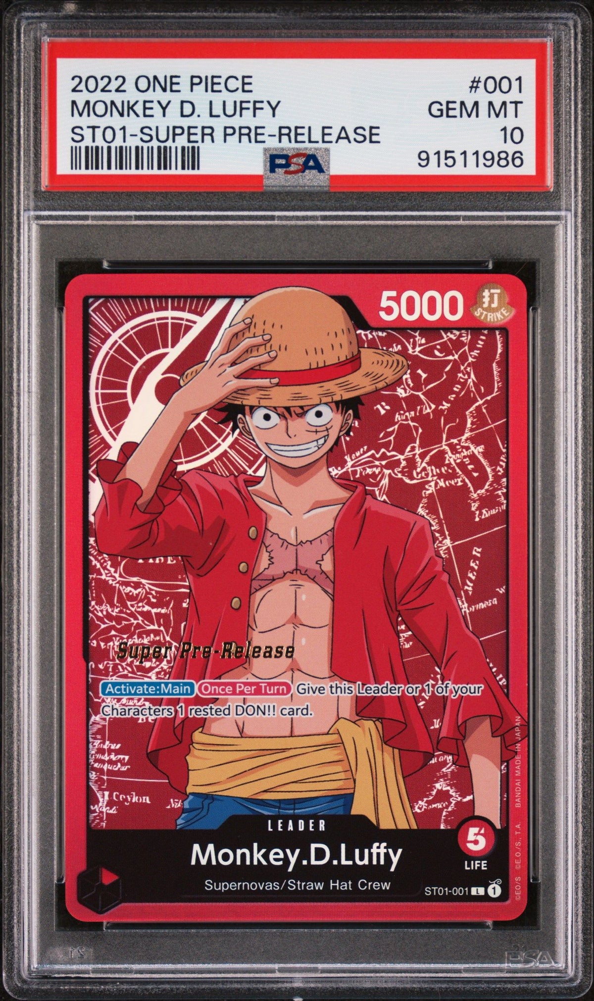 2022 One Piece Straw Hat Crew Monkey D. Luffy St01-Super Pre-Release PSA 10