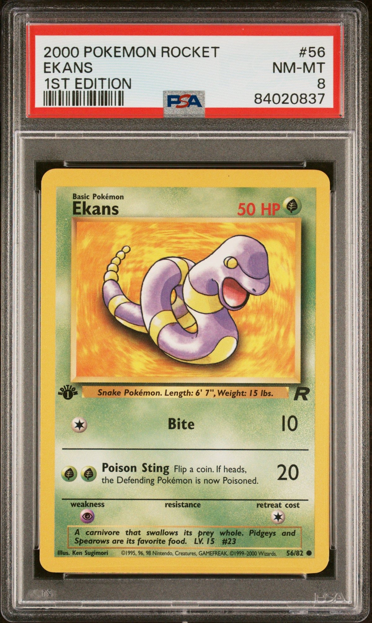 2000 Pokemon Rocket Ekans 1st Edition PSA 8