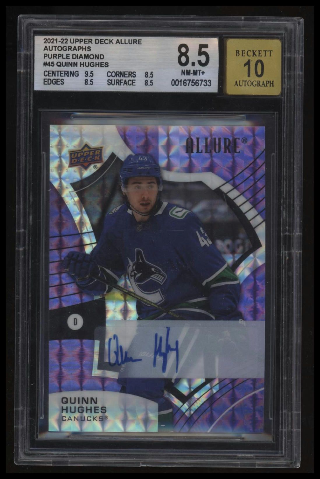 2021-22 Upper Deck Allure Autographs Purple Diamond Quinn Hughes BGS 8.5