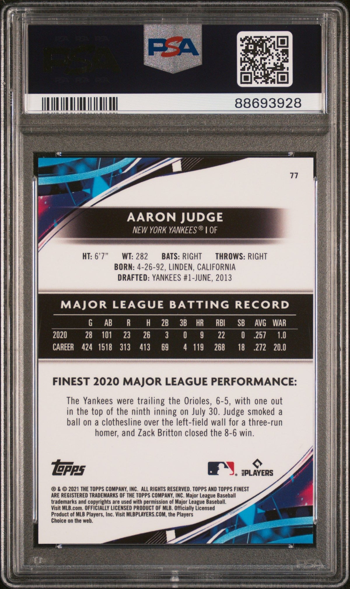 2021 Topps Finest Aaron Judge Sky Blue Refractor PSA 10