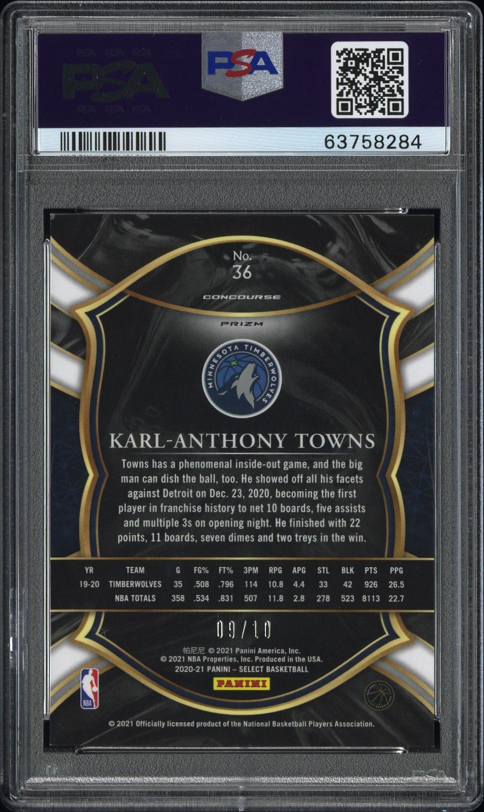 2020 Panini Select Karl-Anthony Towns Gold Prizm PSA 9