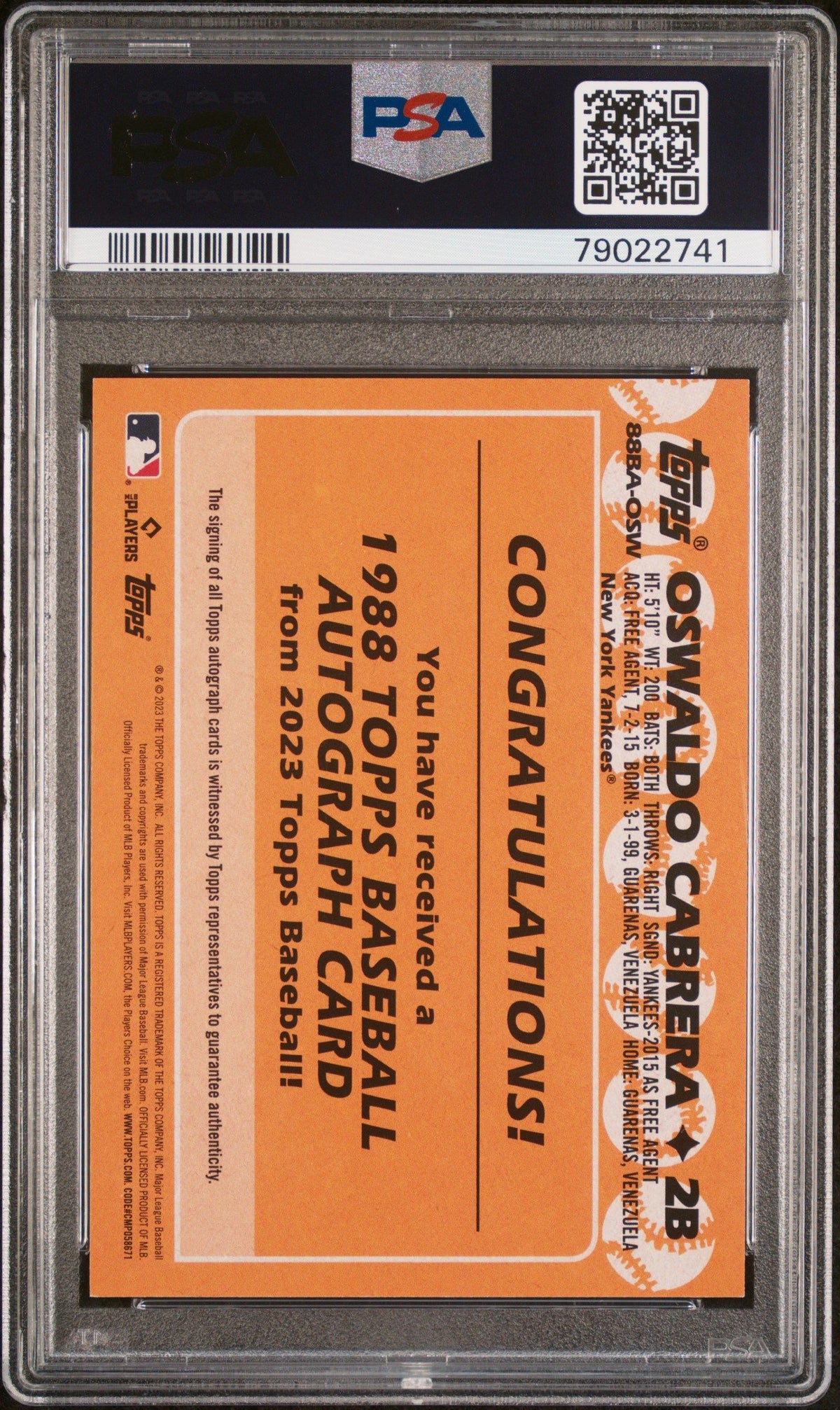 2023 Topps 1988 Topps Baseball Autographs Oswaldo Cabrera Auto PSA 9