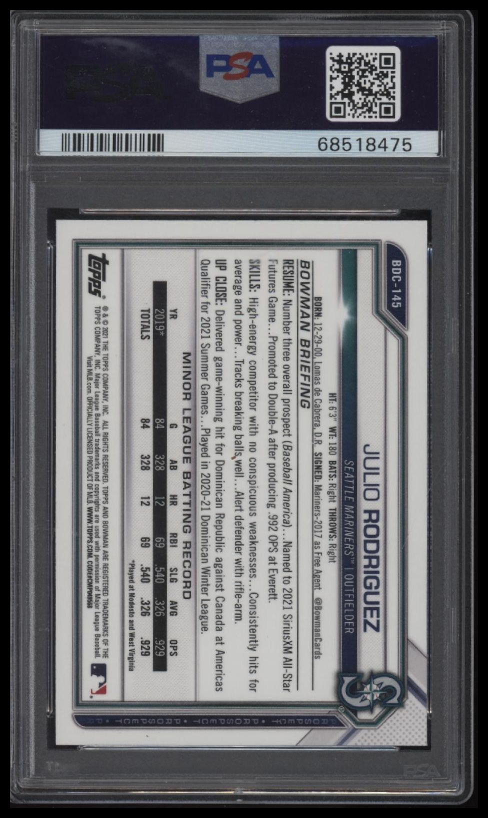 2021 Bowman Draft #BDC145 Julio Rodriguez Chrome-B/W Raywave Ref. PSA 10