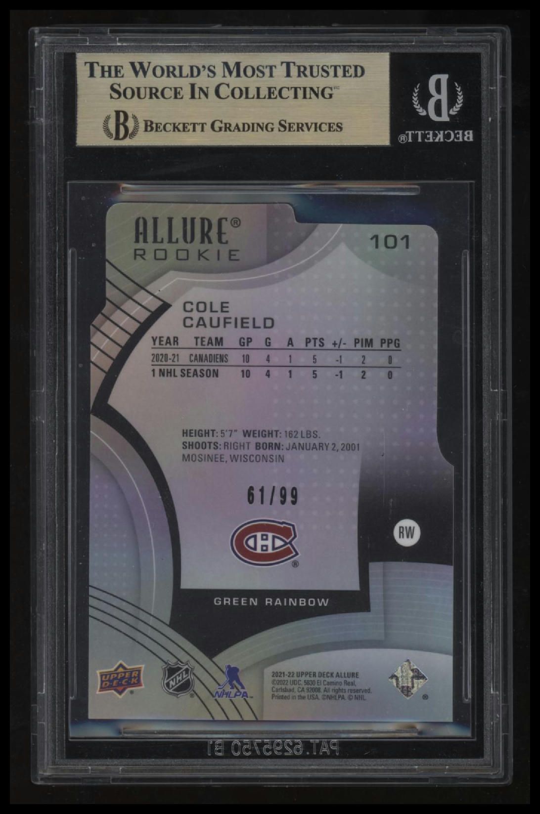 2021-22 Upper Deck Allure Green Rainbow Cole Caufield BGS 9.5