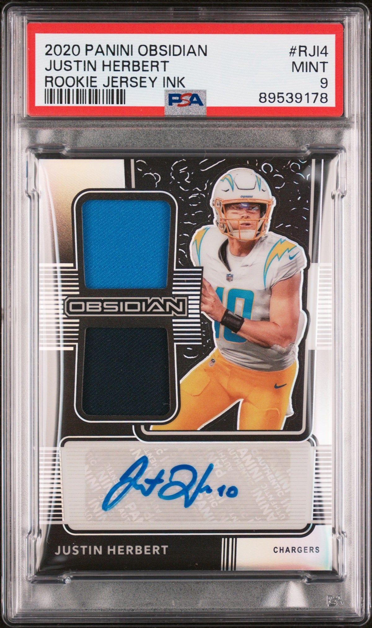 2020 Panini Obsidian Rookie Jersey Ink #RJI4 Justin Herbert PSA 9