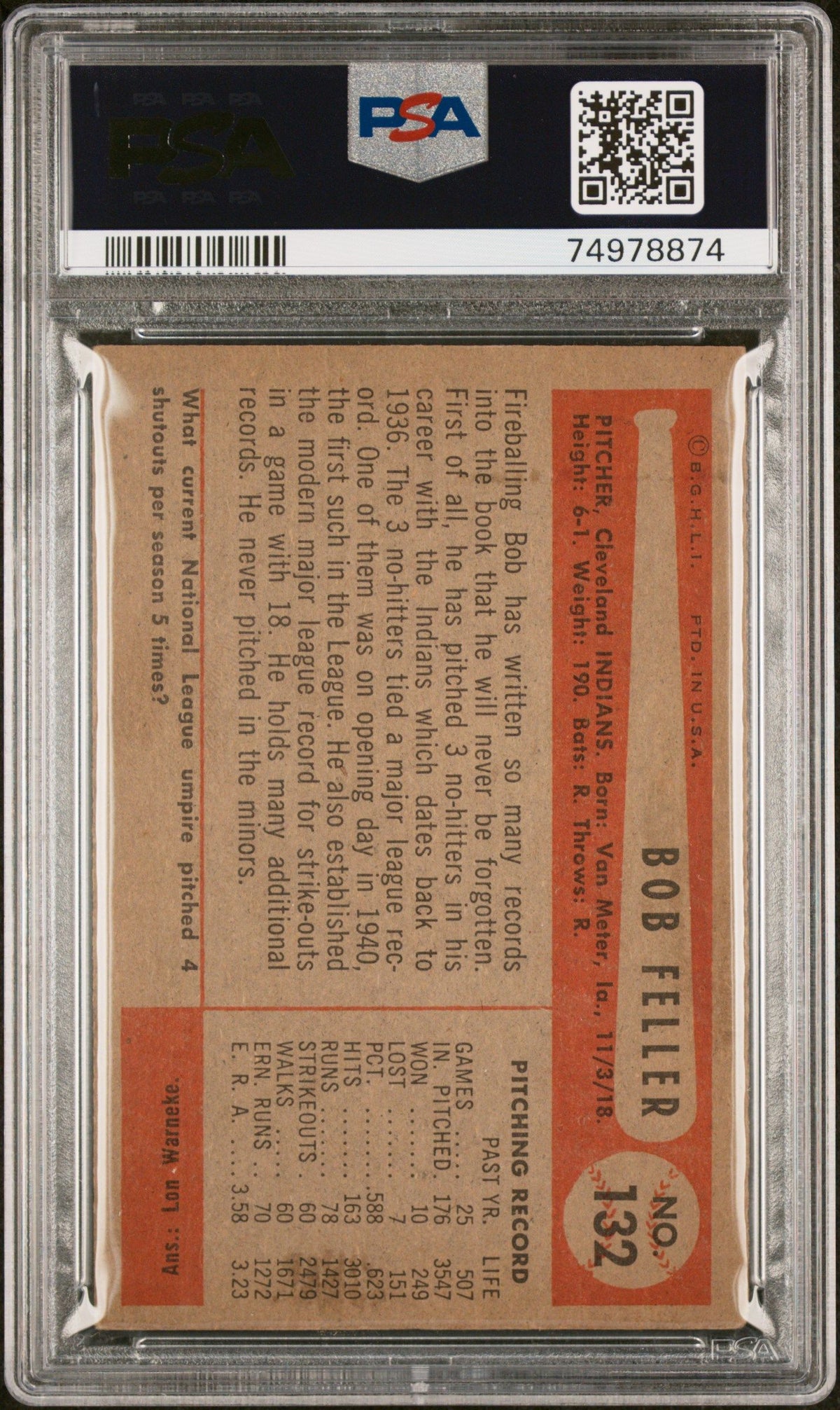 1954 Bowman #132 Bob Feller PSA 4