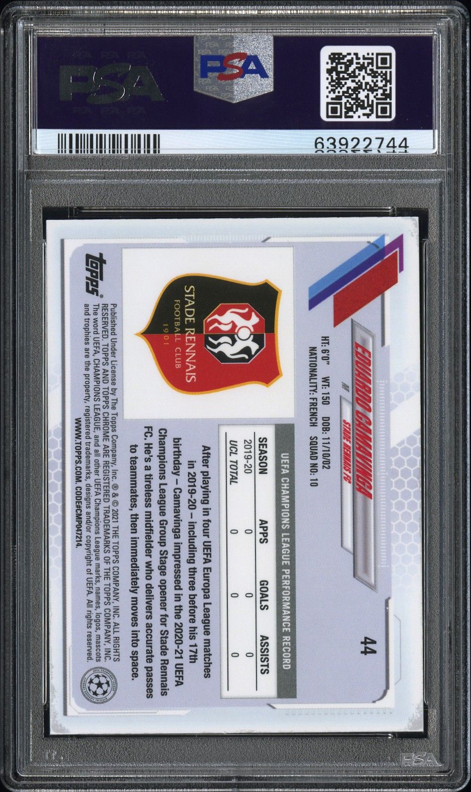 2020 Topps Chrome Uefa Sapphire Edition Eduardo Camavinga Sapphire Edition PSA 9