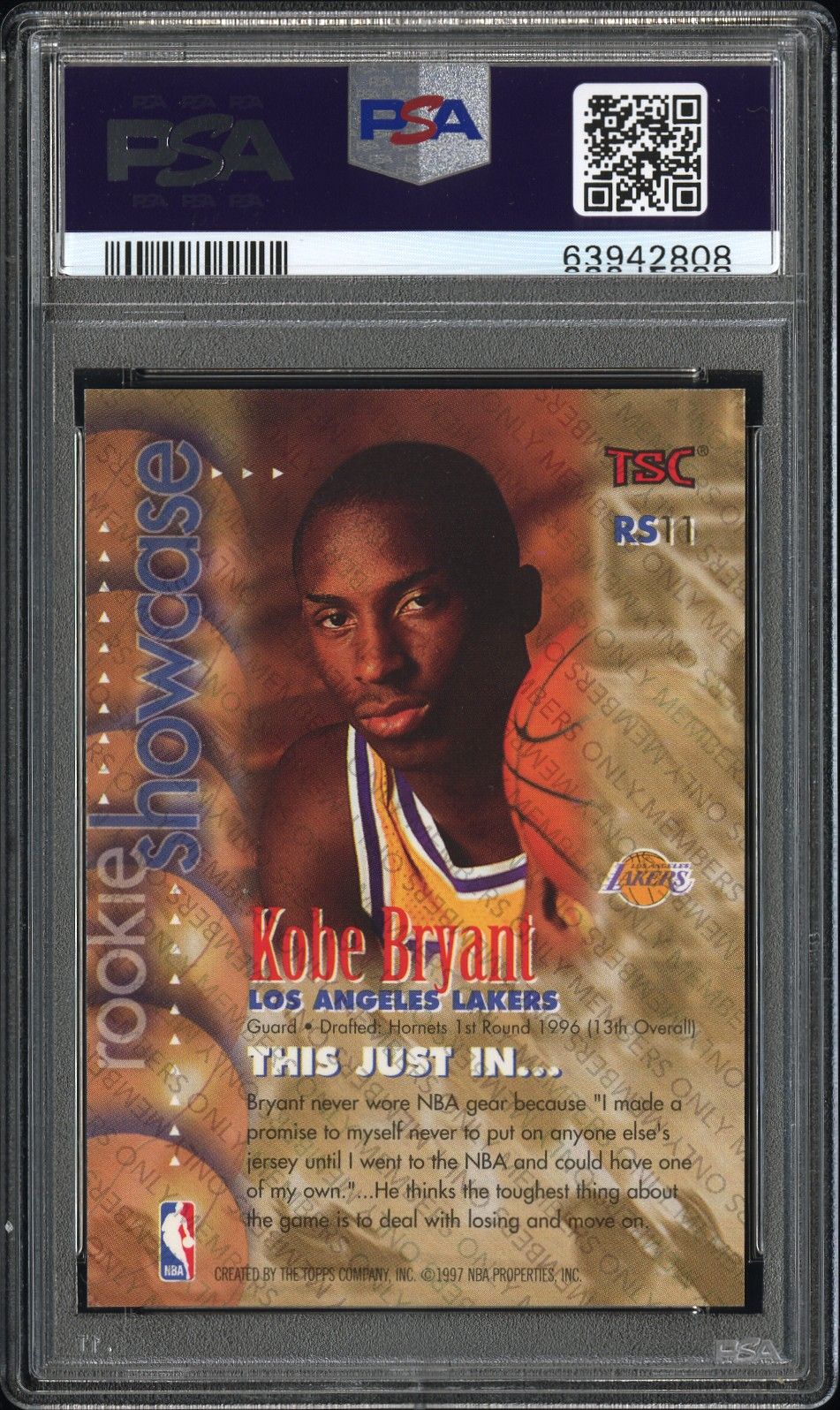 1996 Stadium Club Rookie Showcase #RS11 Kobe Bryant Rke.Showcase-Mem.Only PSA 9