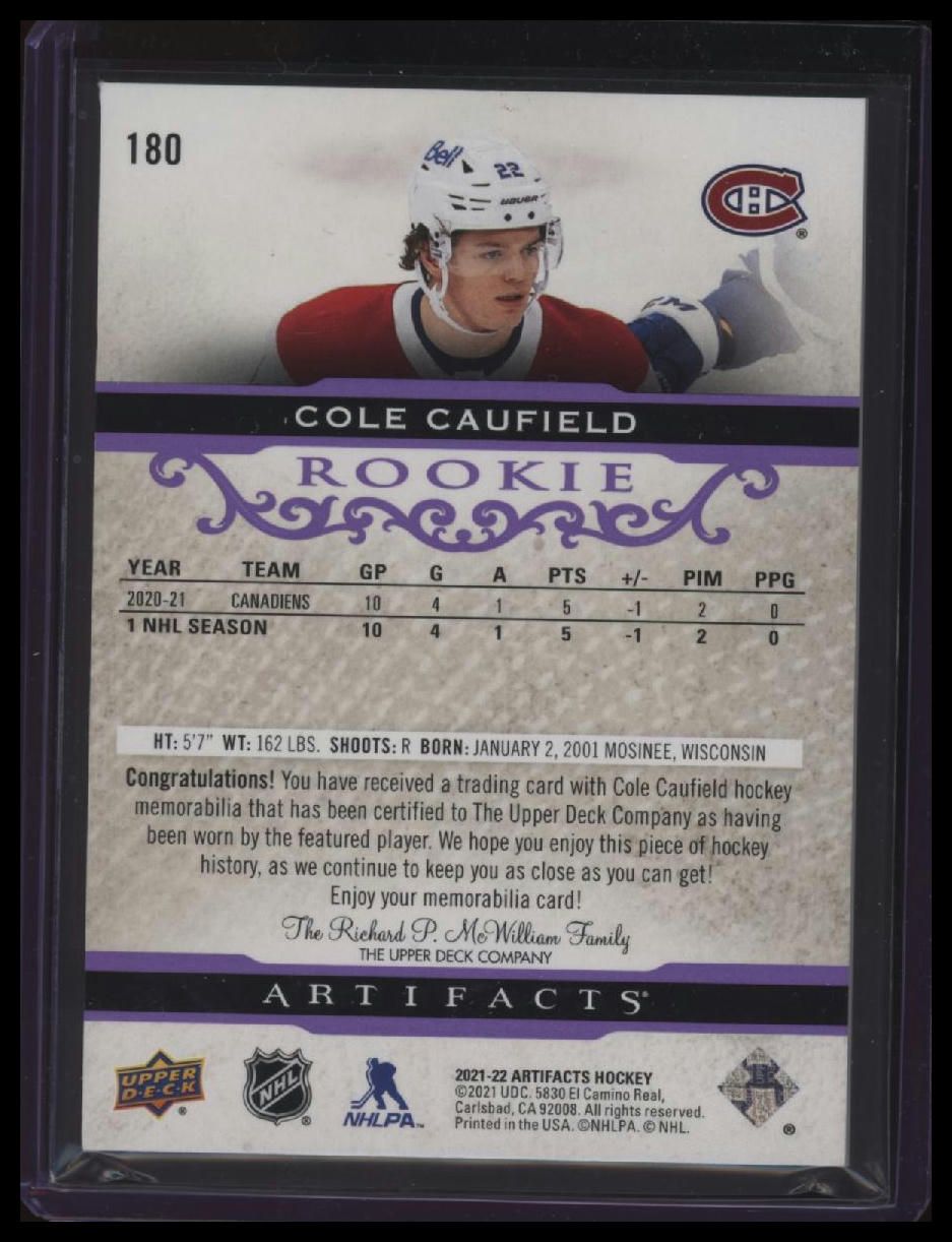 2021-22 Upper Deck Artifacts Cole Caufield Material Purple #/49