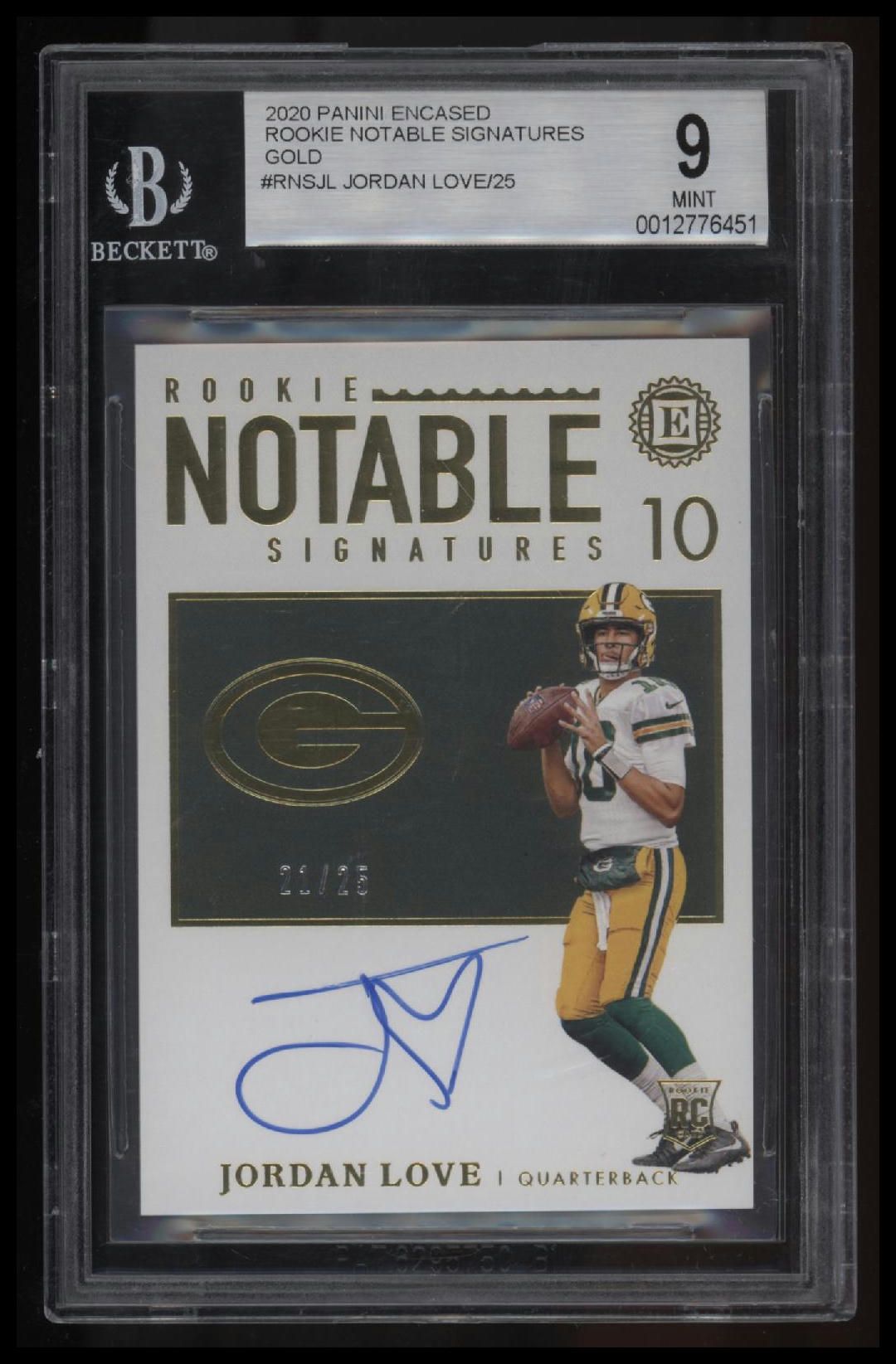 2020 Panini Encased Rookie Notable Signatures Gold Jordan Love/25 BGS 9.0