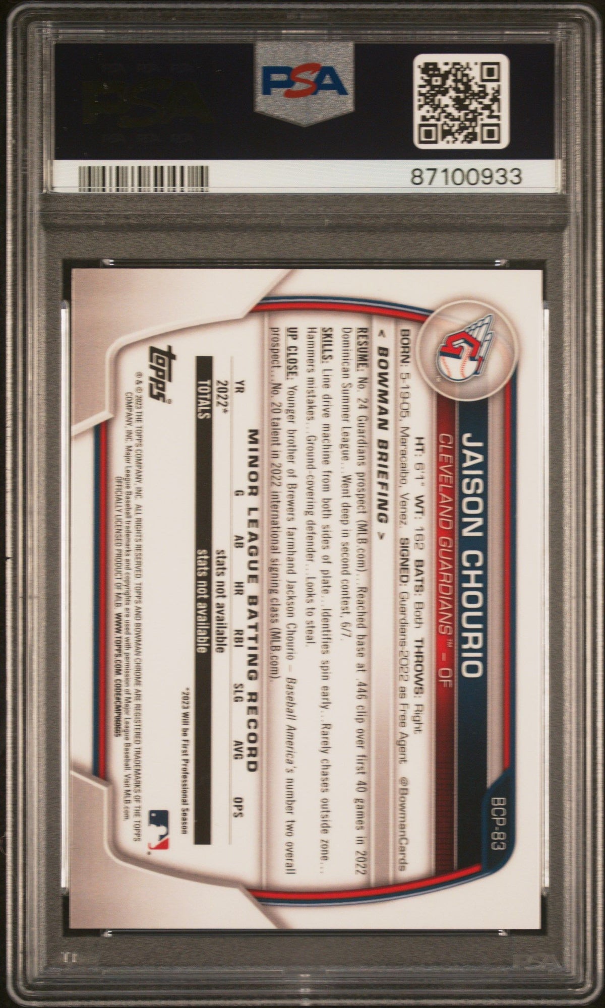 2023 Bowman Chrome Jaison Chourio Chr Pros-Blue Raywave Ref PSA 10