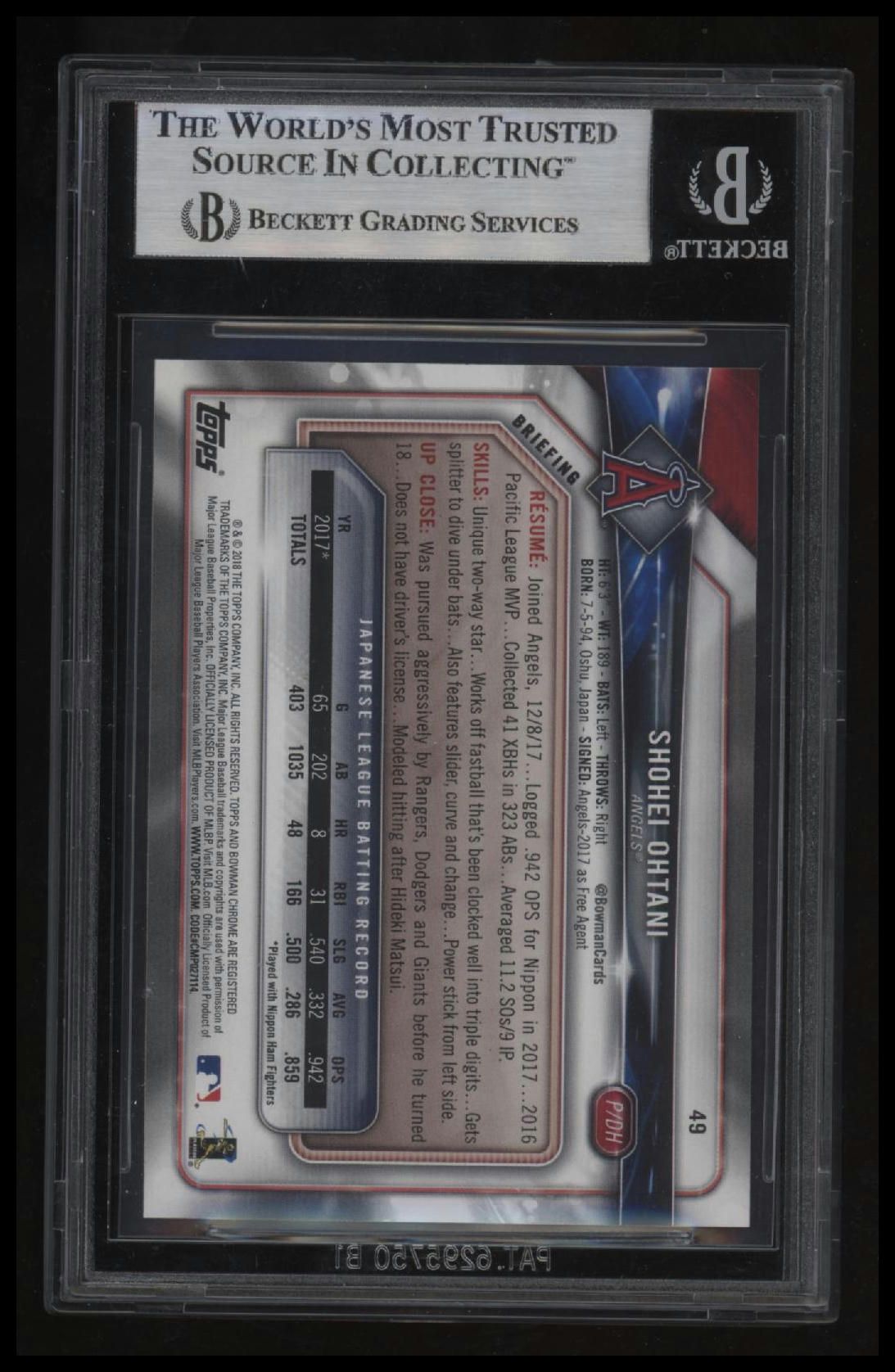 2018 Bowman Shohei Ohtani RC BGS 9.0