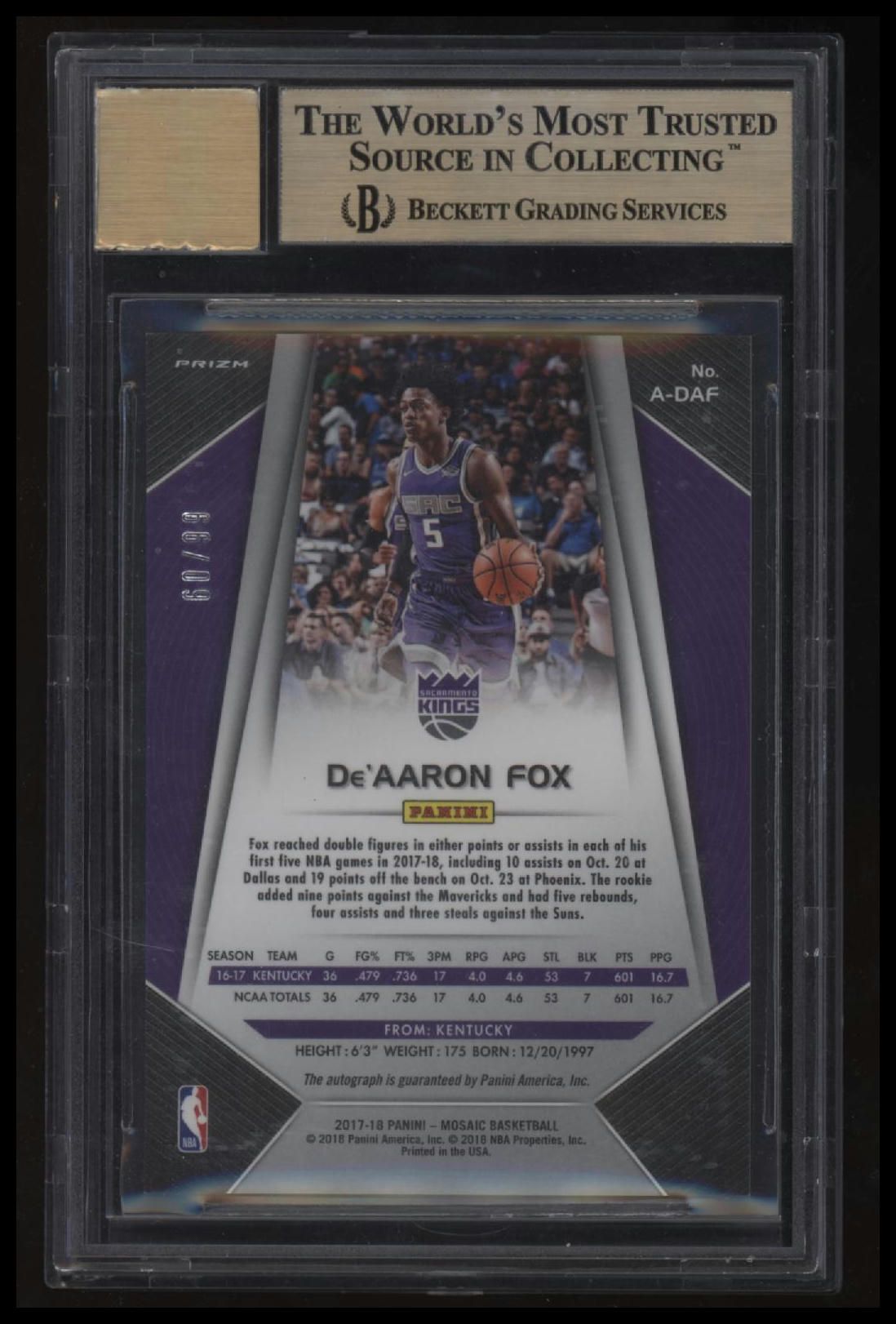 2017-18 Panini Prizm Mosaic Autographs De&#39;Aaron Fox/99 BGS 9.5