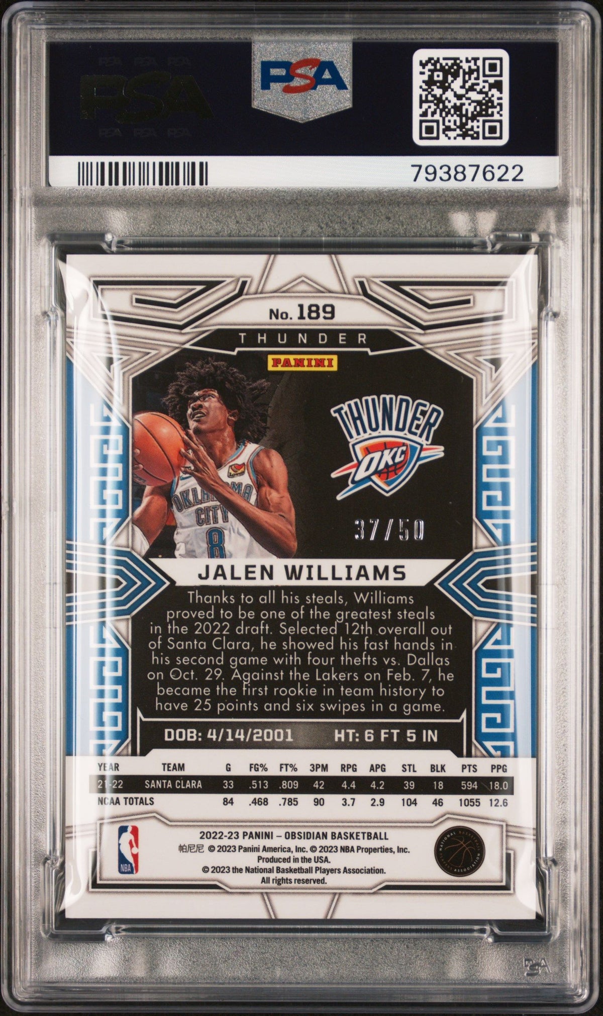 2022 Panini Obsidian Jalen Williams Electric Etch Orange PSA 9